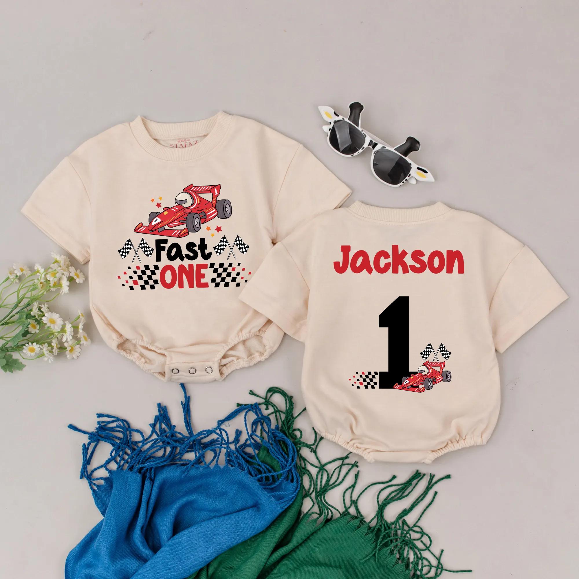 Personalized First Birthday Race Car Romper Baby Boy Outfit Custom Name Fast One Design Checkered Flags Gift