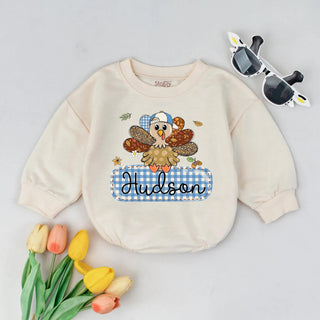 Personalized First Thanksgiving Romper with Patchwork Turkey Design Baby Boy Girl Outfit Soft Cotton Fall Bodysuit Custom Name Unique Gift