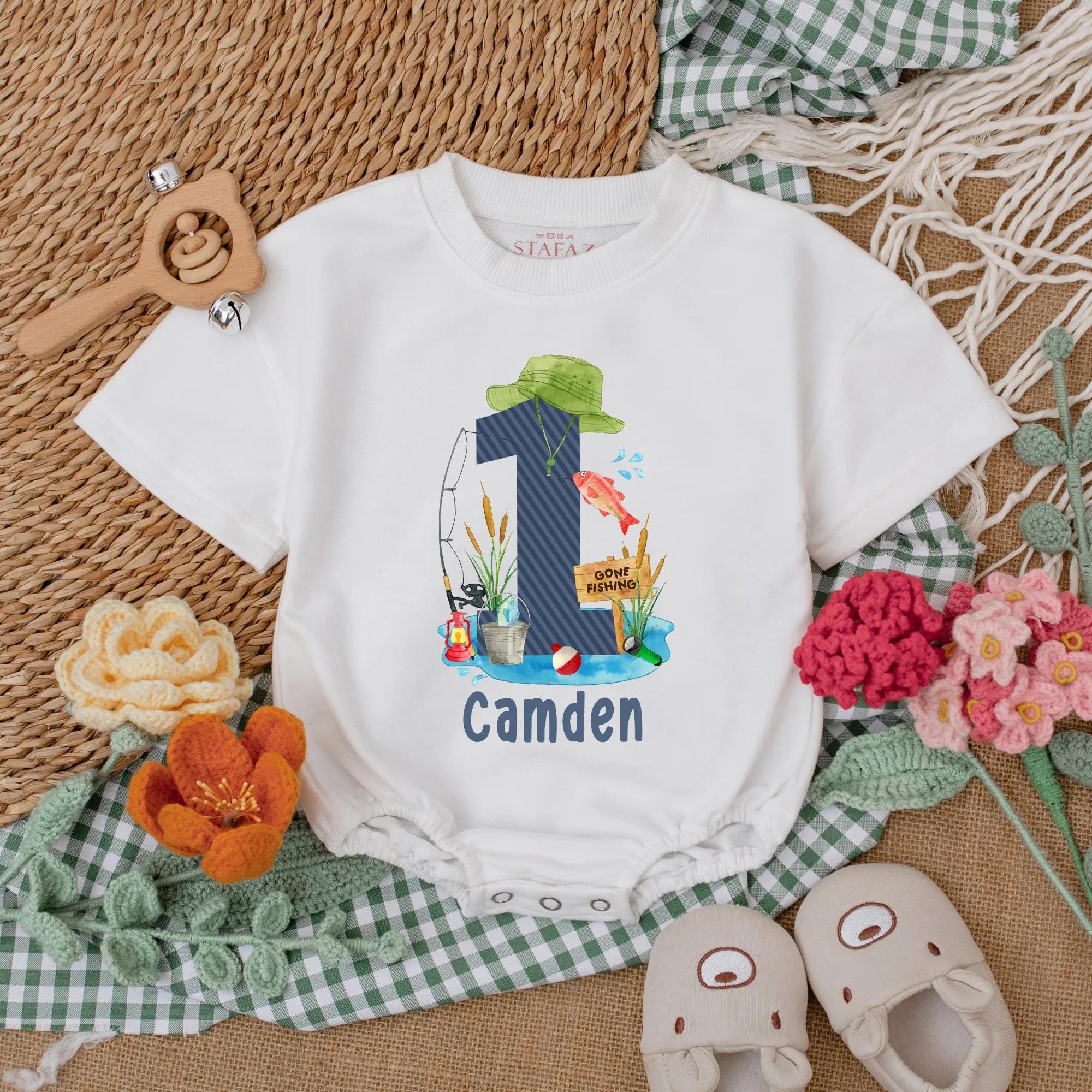 Personalized Fishing Birthday Romper for Baby Boy First Celebration Outfit with Green Hat Blue Design Gift Idea
