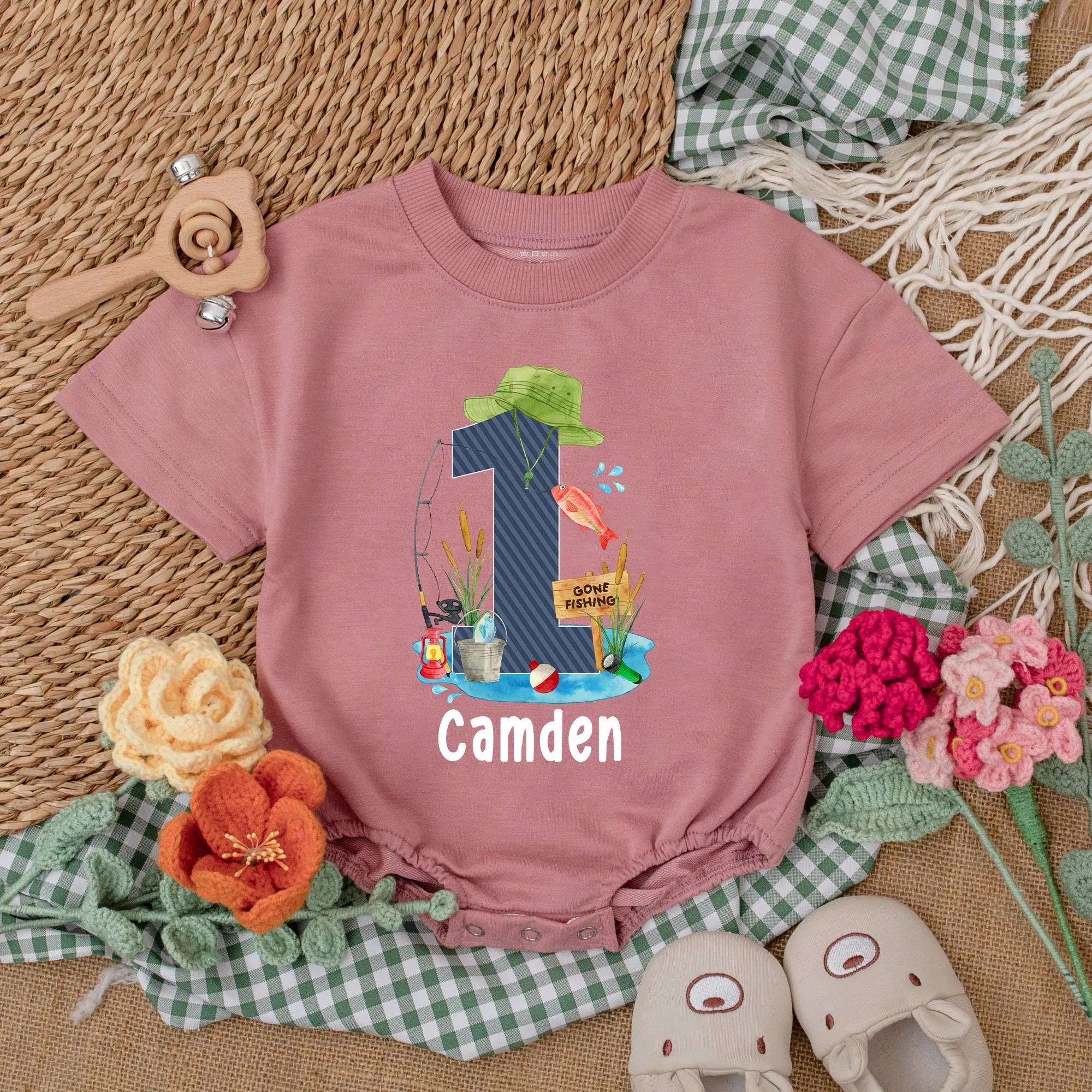 Personalized Fishing Birthday Romper for Baby Boy First Celebration Outfit with Green Hat Blue Design Gift Idea