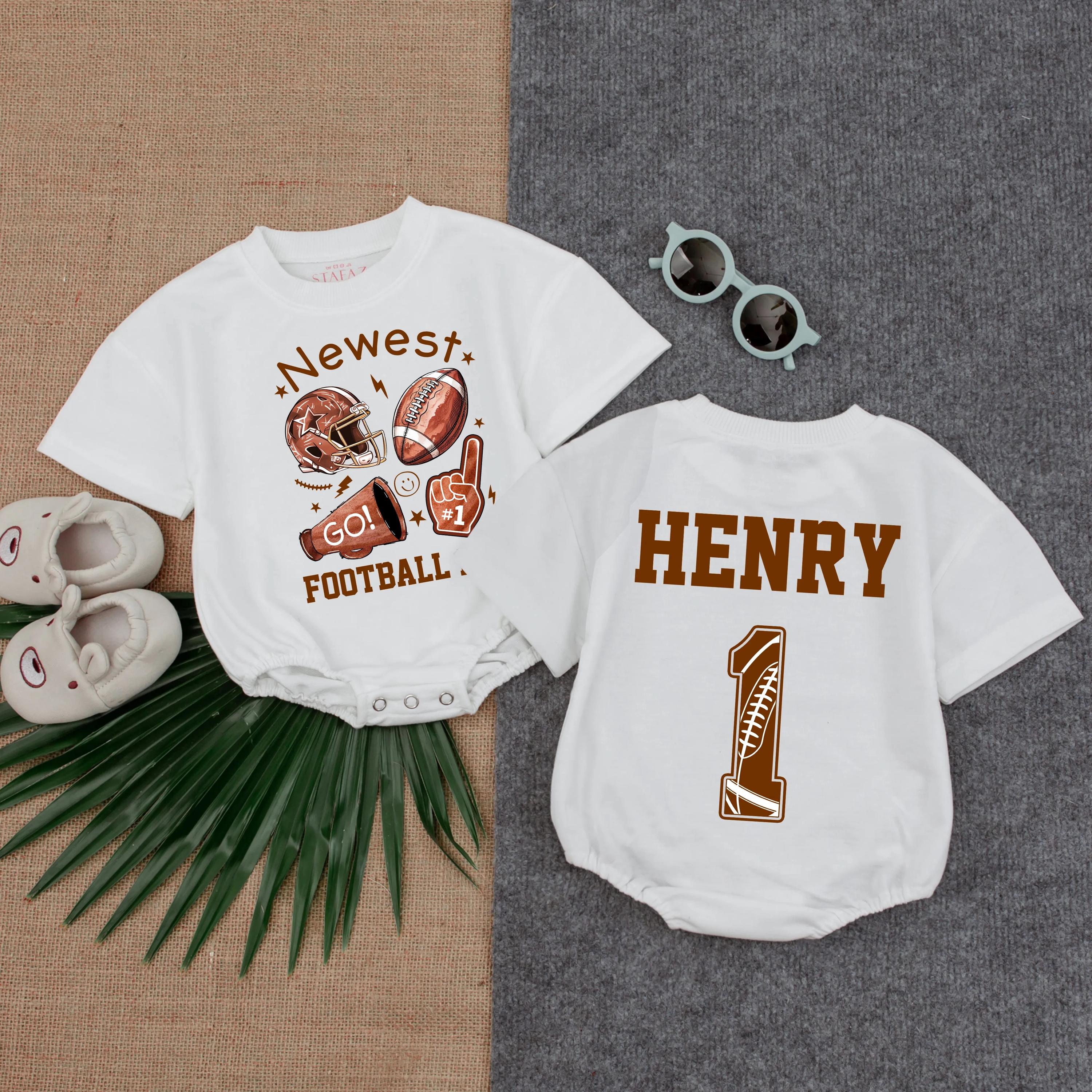 Personalized Football Fan Baby Romper Custom Name Number Sporty Outfit Infant Birthday Gift Brown Orange Design