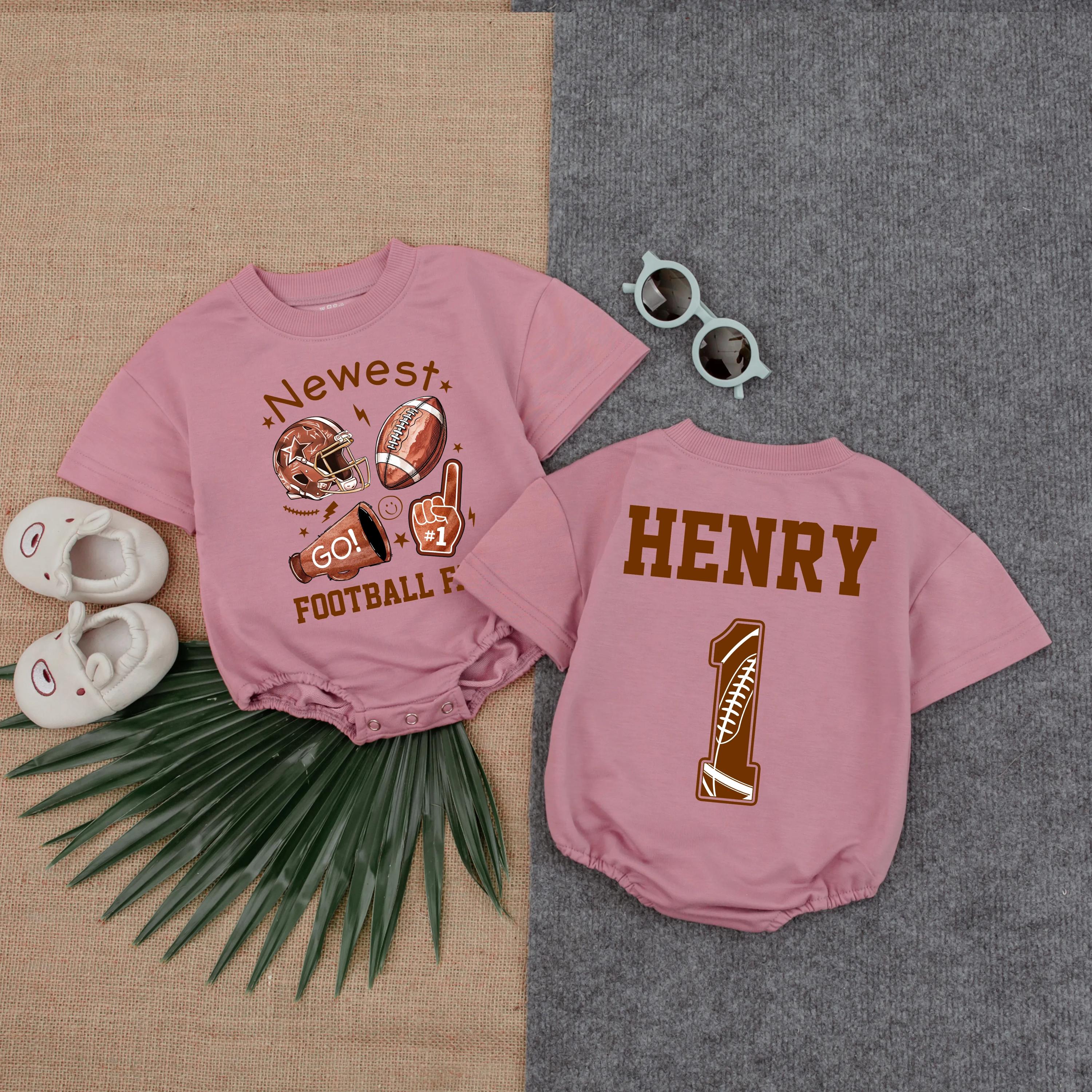 Personalized Football Fan Baby Romper Custom Name Number Sporty Outfit Infant Birthday Gift Brown Orange Design