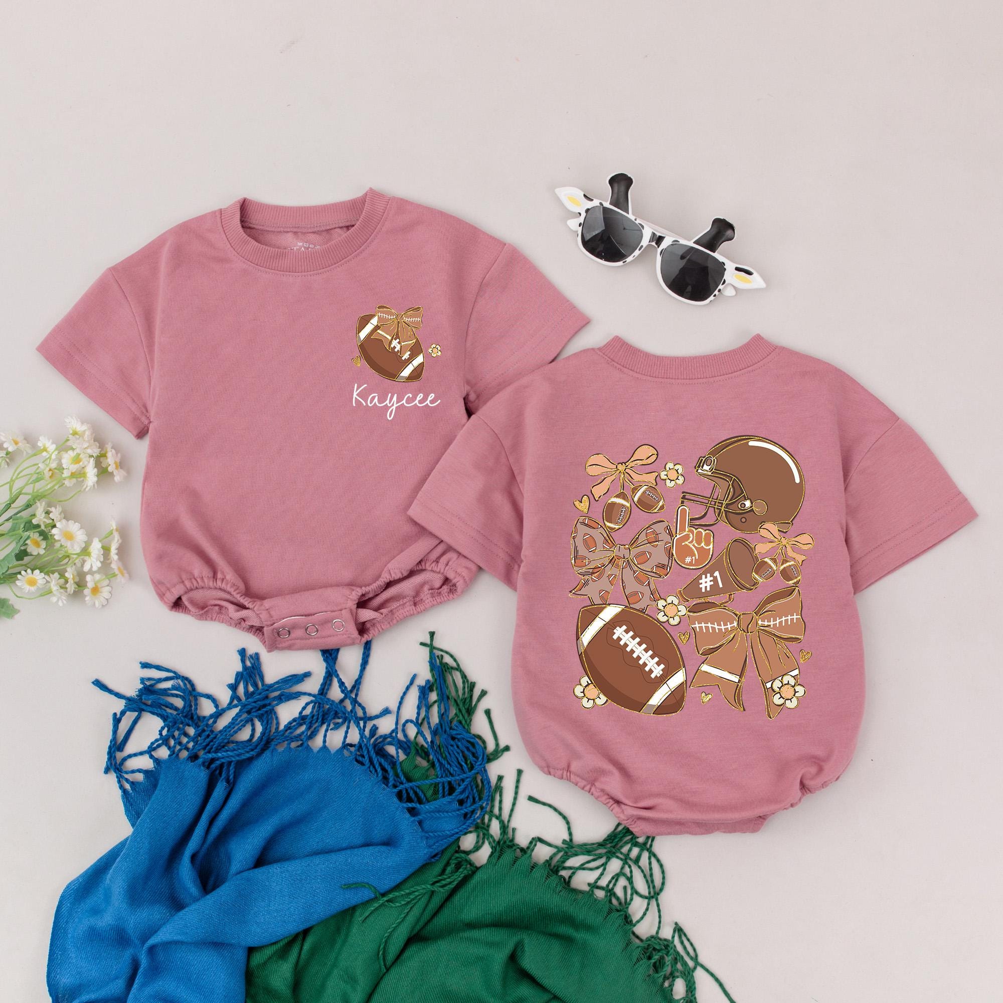 Personalized Football Romper for Baby Girls Game Day Outfit Retro Charm Warm Colors Cozy Toddler Gift Cute Floral Details Birthday Party