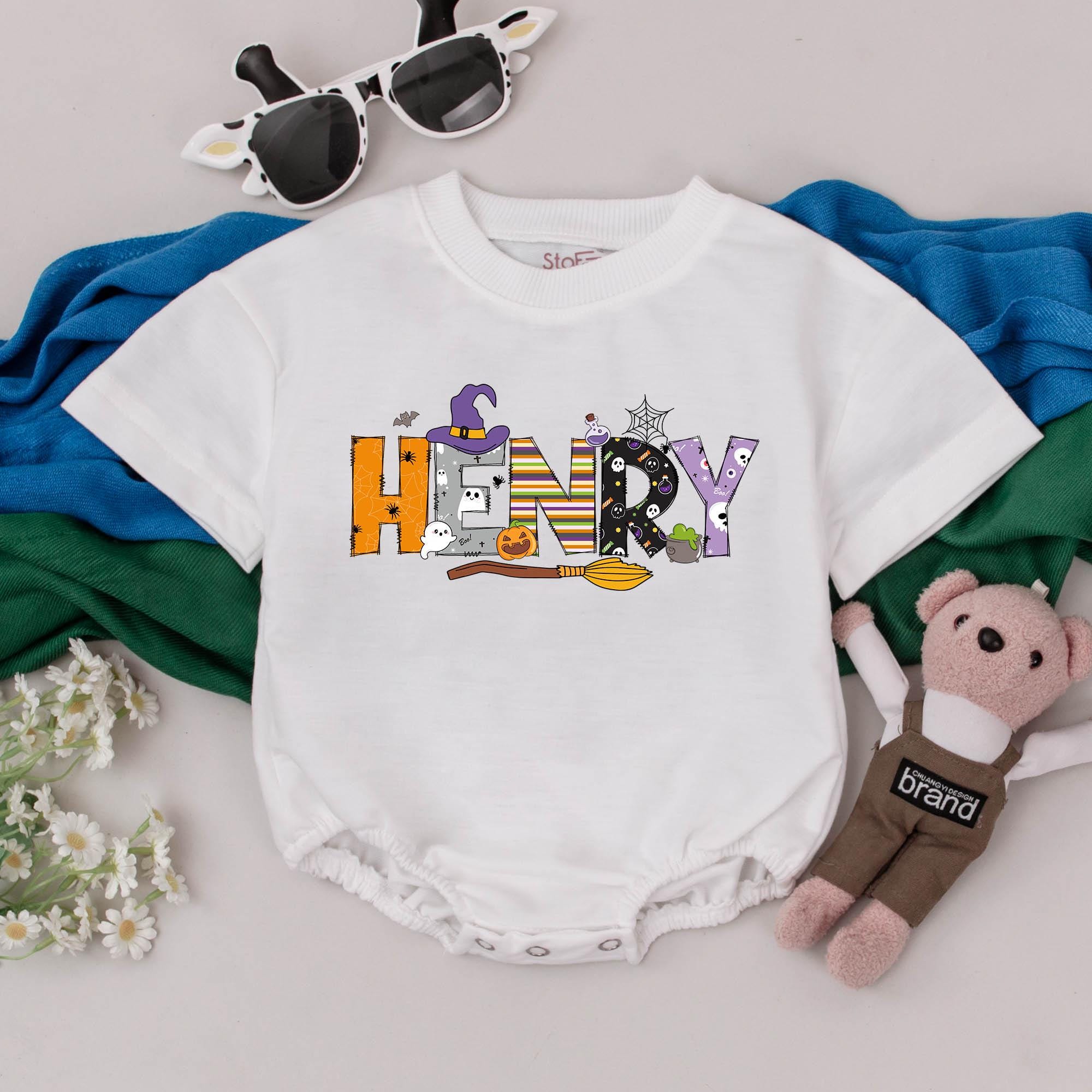 Personalized Halloween Baby Romper with Henry Design Custom Name Outfit Festive Spooky First Holiday Infant Gift Cotton Soft Comfortable