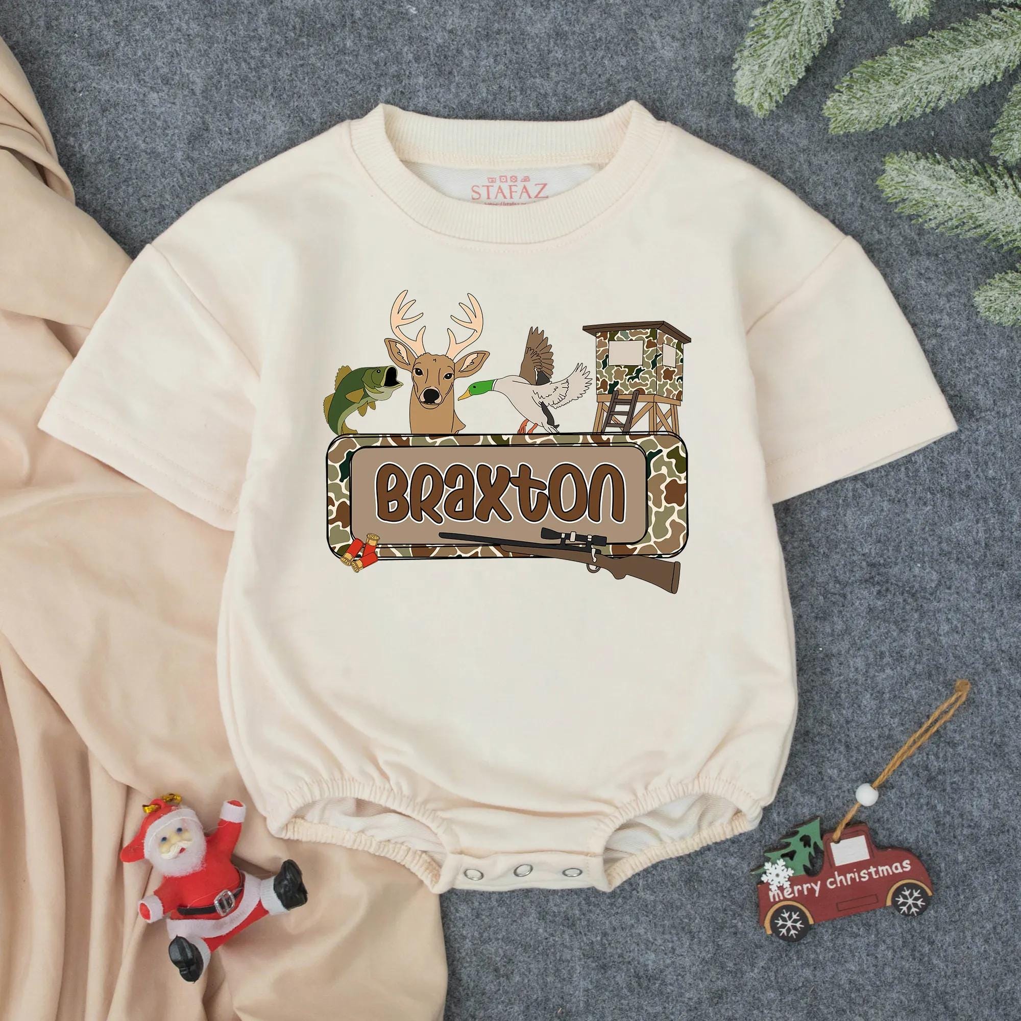 Personalized Hunting Baby Romper Deer Duck Camo Outfit Southern Infant Shower Gift Custom Name Braxton Outdoorsy Infant Clothes