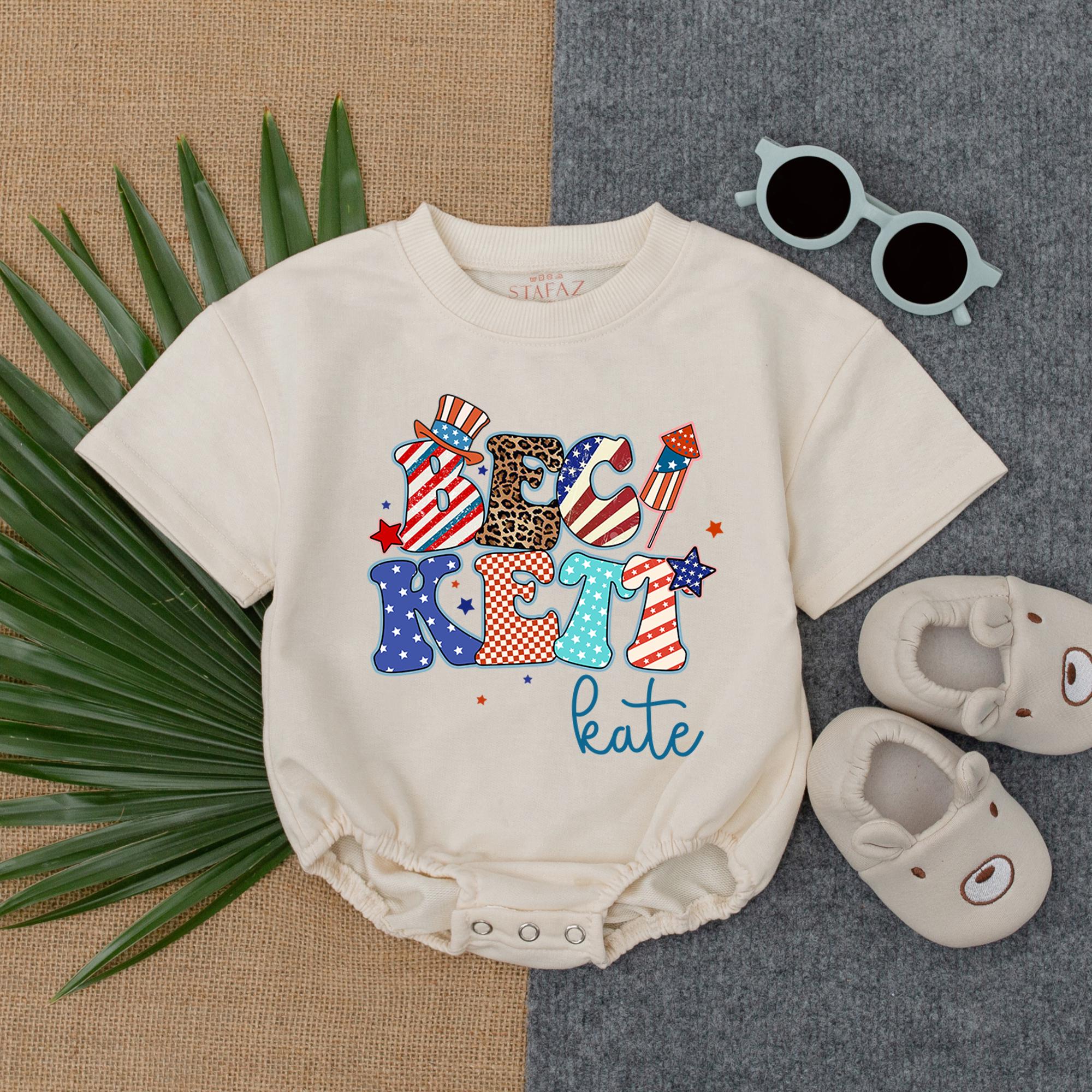 Personalized Kate Patriotic Baby Romper Fourth of July Outfit Soft Cotton Comfortable Custom Name Fireworks Stars Leopard Print