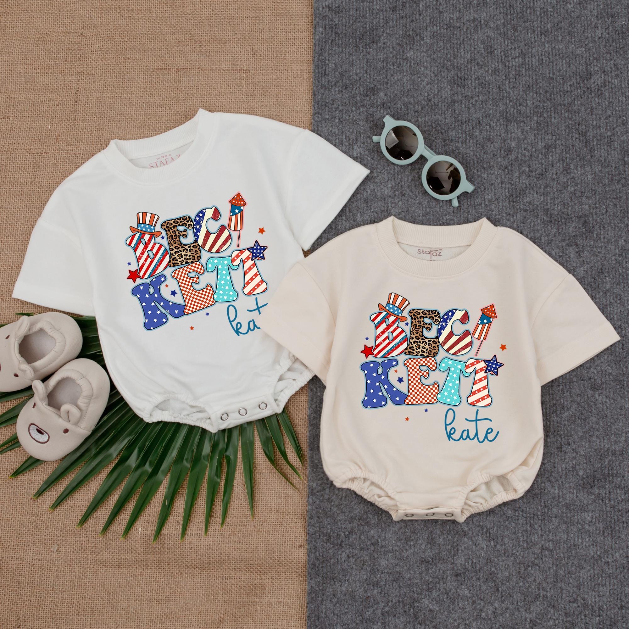Personalized Kate Patriotic Baby Romper Fourth of July Outfit Soft Cotton Comfortable Custom Name Fireworks Stars Leopard Print