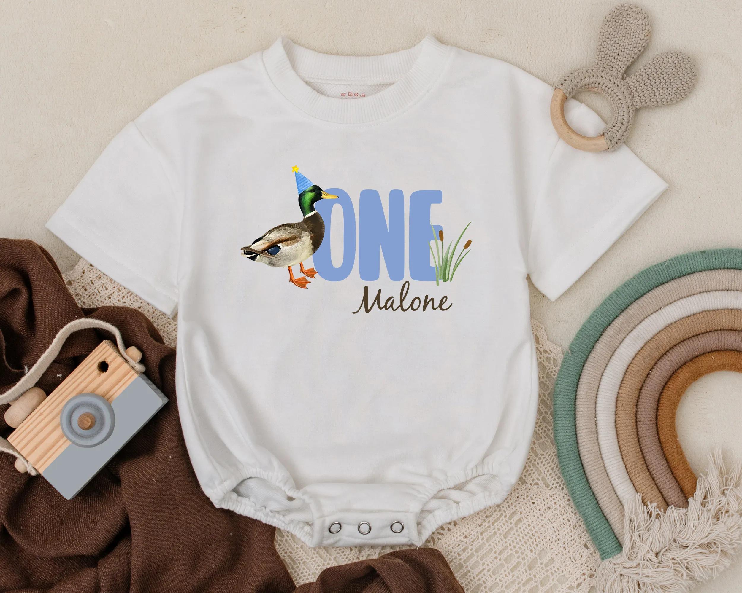 Personalized Mallard Duck Birthday Romper Custom Baby Outfit Whimsical Animal Theme First Birthday Malone Party Clothes Gift Idea