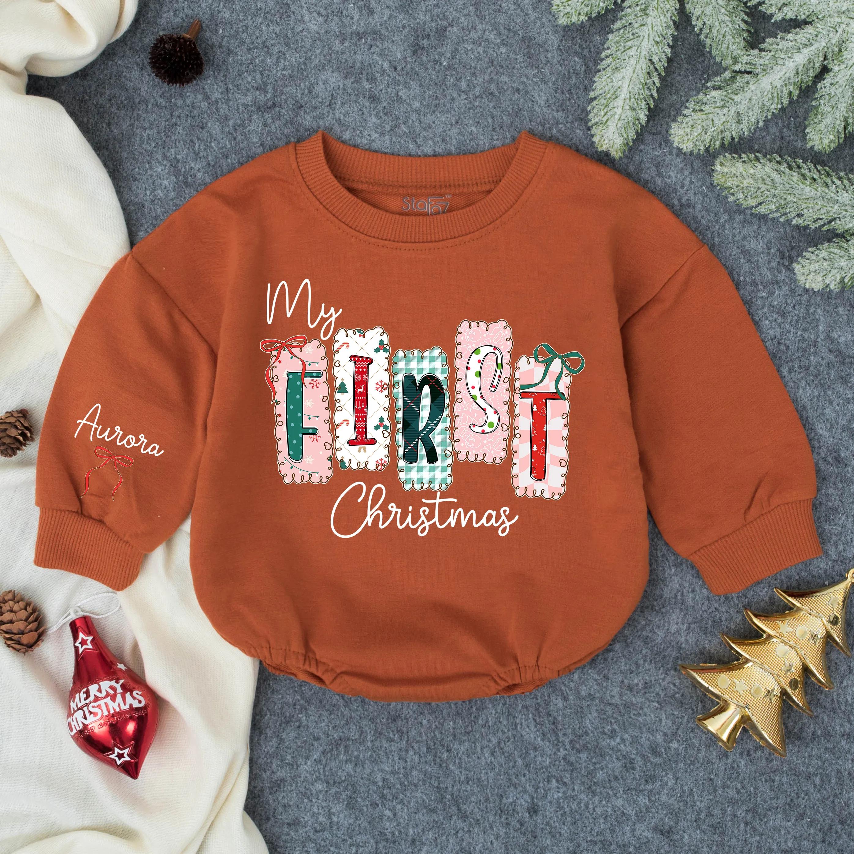 Personalized My First Christmas Romper with Festive Bow Design for Baby Girl Holiday Outfit Soft Toddler Bodysuit Custom Name Gift
