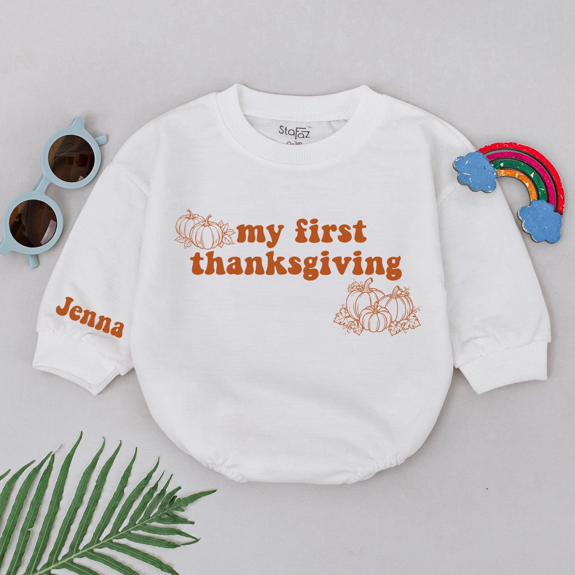 Personalized My First Thanksgiving Baby Romper with Pumpkins Cozy Autumn Outfit Custom Name Jenna Soft Cotton Fall Shower Gift