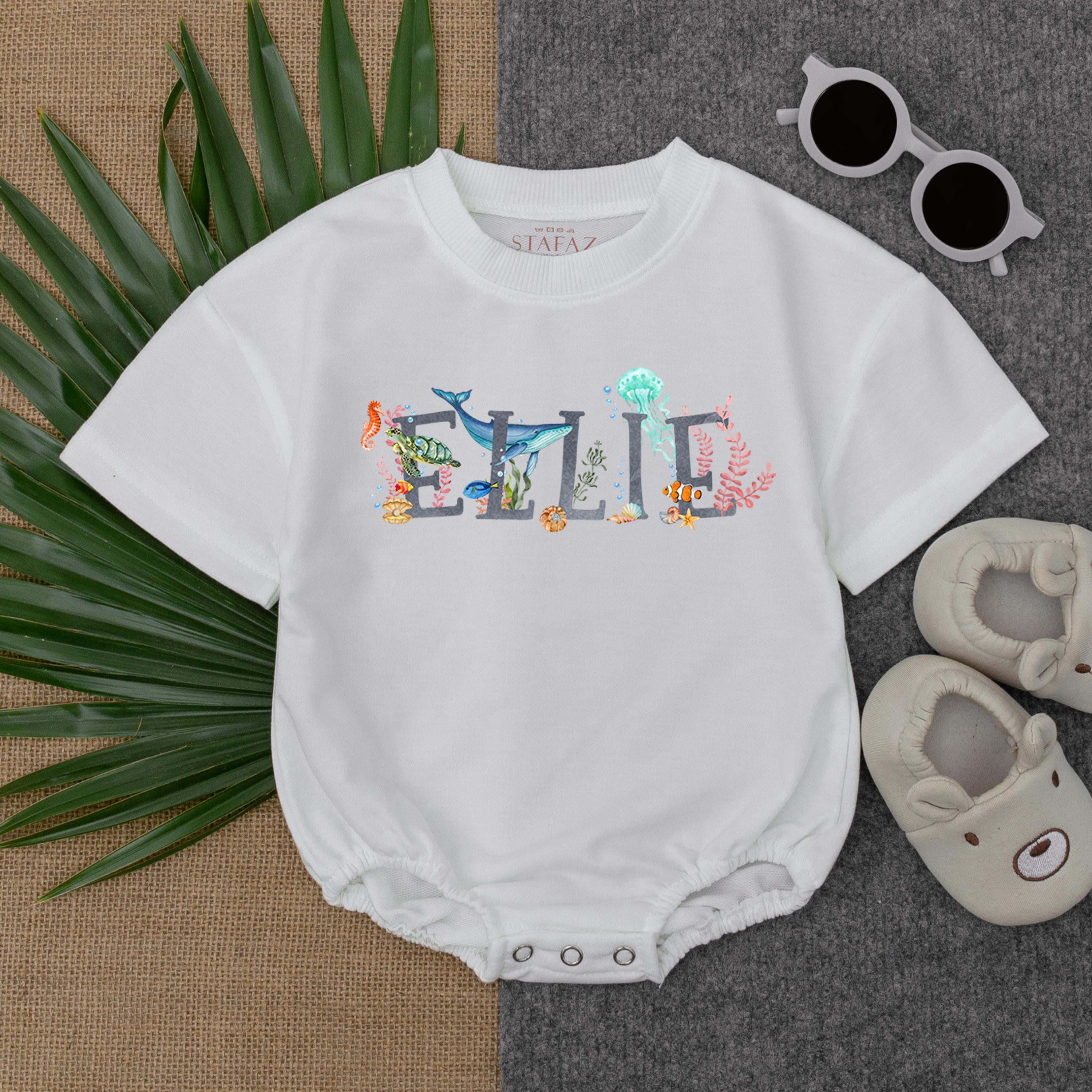 Personalized Ocean Theme Baby Romper with Whimsical Sea Creatures Summer Outfit Soft Cotton Custom Name Whale Octopus Design Playful Colors