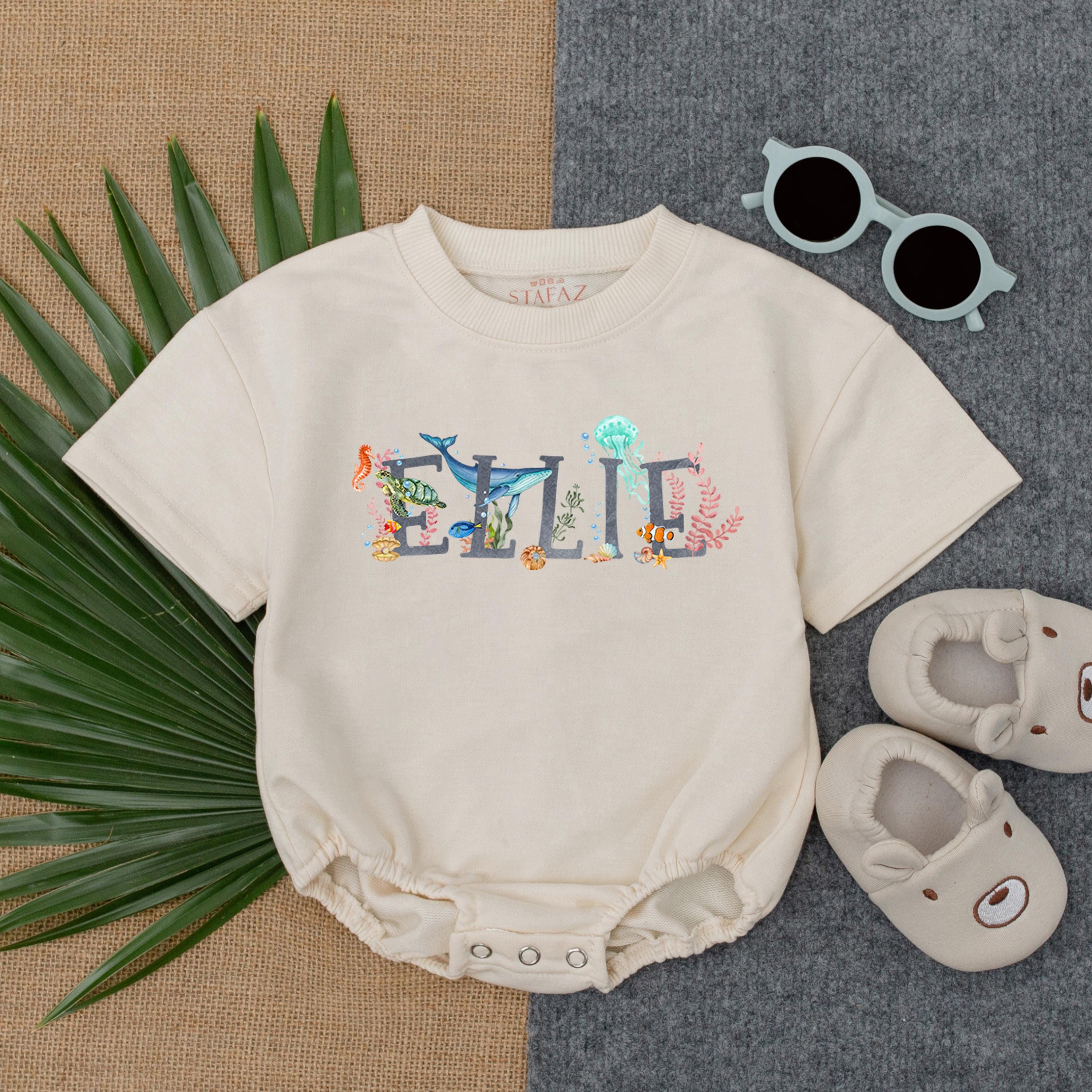 Personalized Ocean Theme Baby Romper with Whimsical Sea Creatures Summer Outfit Soft Cotton Custom Name Whale Octopus Design Playful Colors