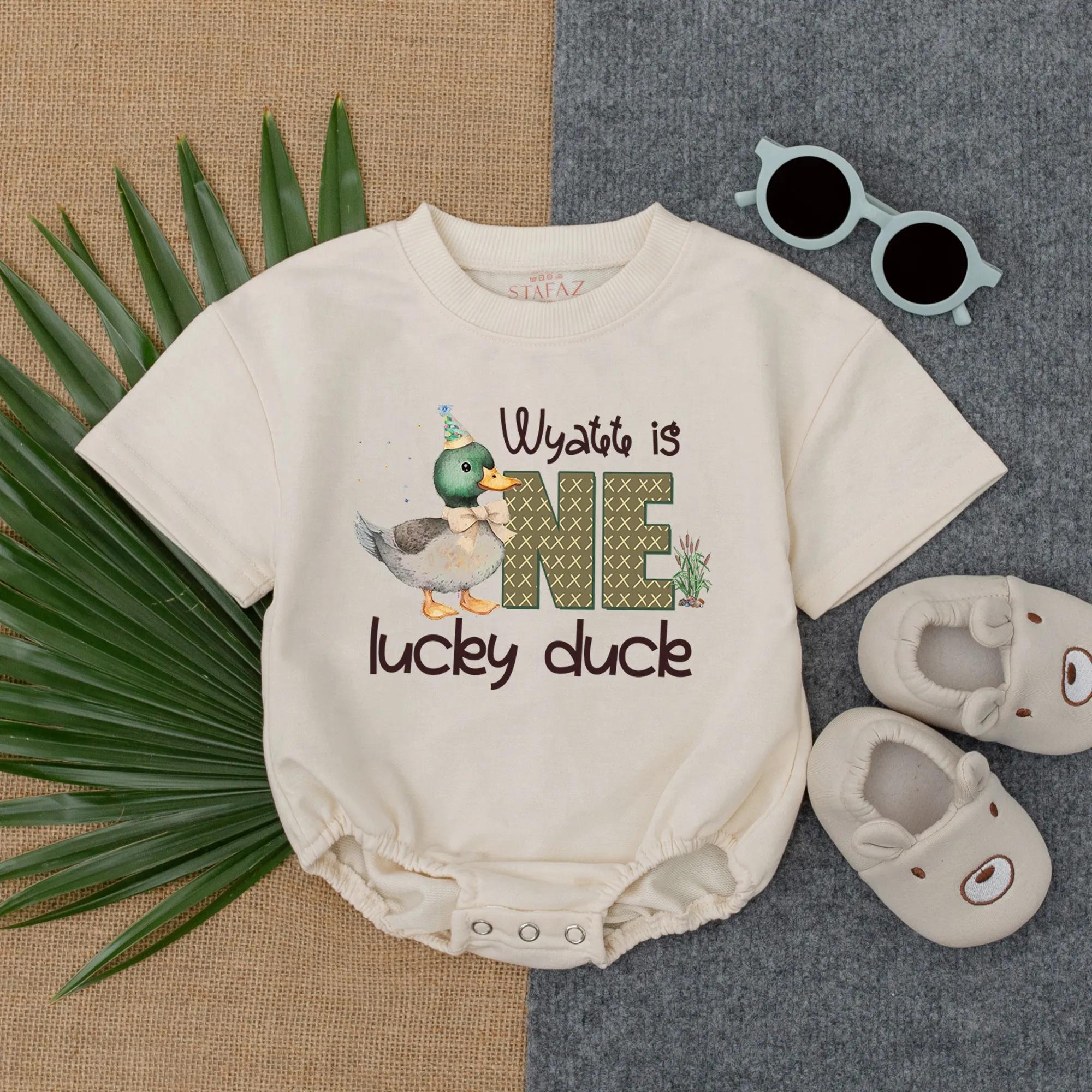 Personalized One Lucky Duck Baby Romper First Birthday Outfit with Mallard Design Soft Cotton Infant Gift