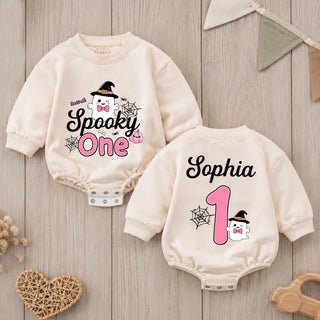 Personalized Pink Halloween Baby Romper with Spooky One Ghost Design for First Birthday, Soft Cotton Outfit for Girls, Perfect Fall Gift