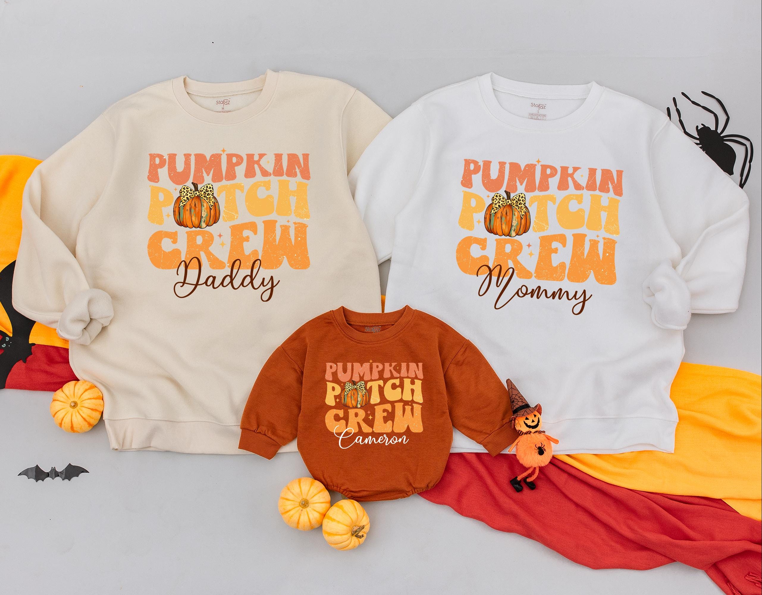 Personalized Pumpkin Patch Crew Sweatshirt Retro Family Fall Sweater Custom Names Cozy Thanksgiving Gift for Kids and Adults