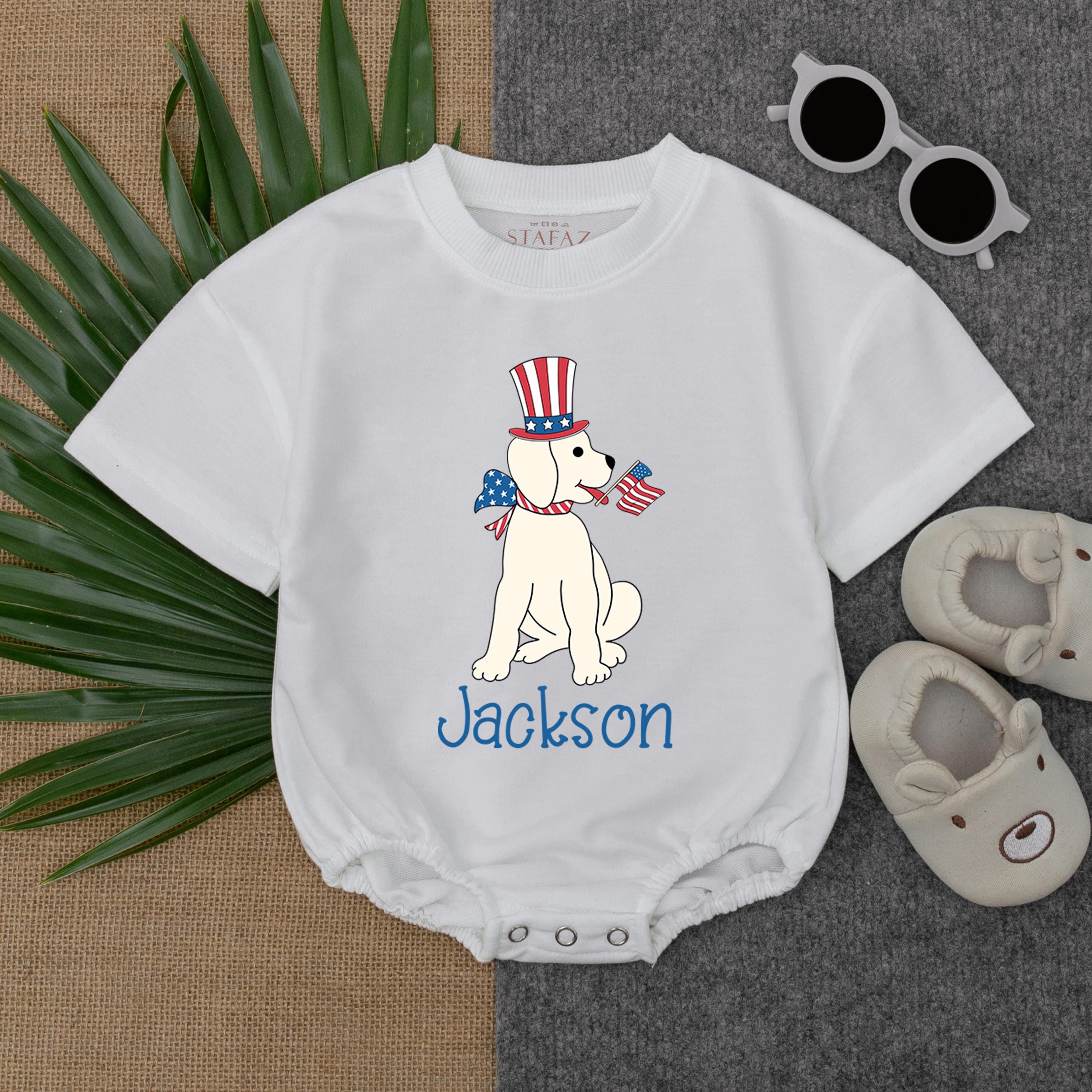 Personalized Puppy 4th of July Bubble Romper Baby Boy Patriotic Outfit Red White Blue Toddler Summer Gift Idea Custom Name