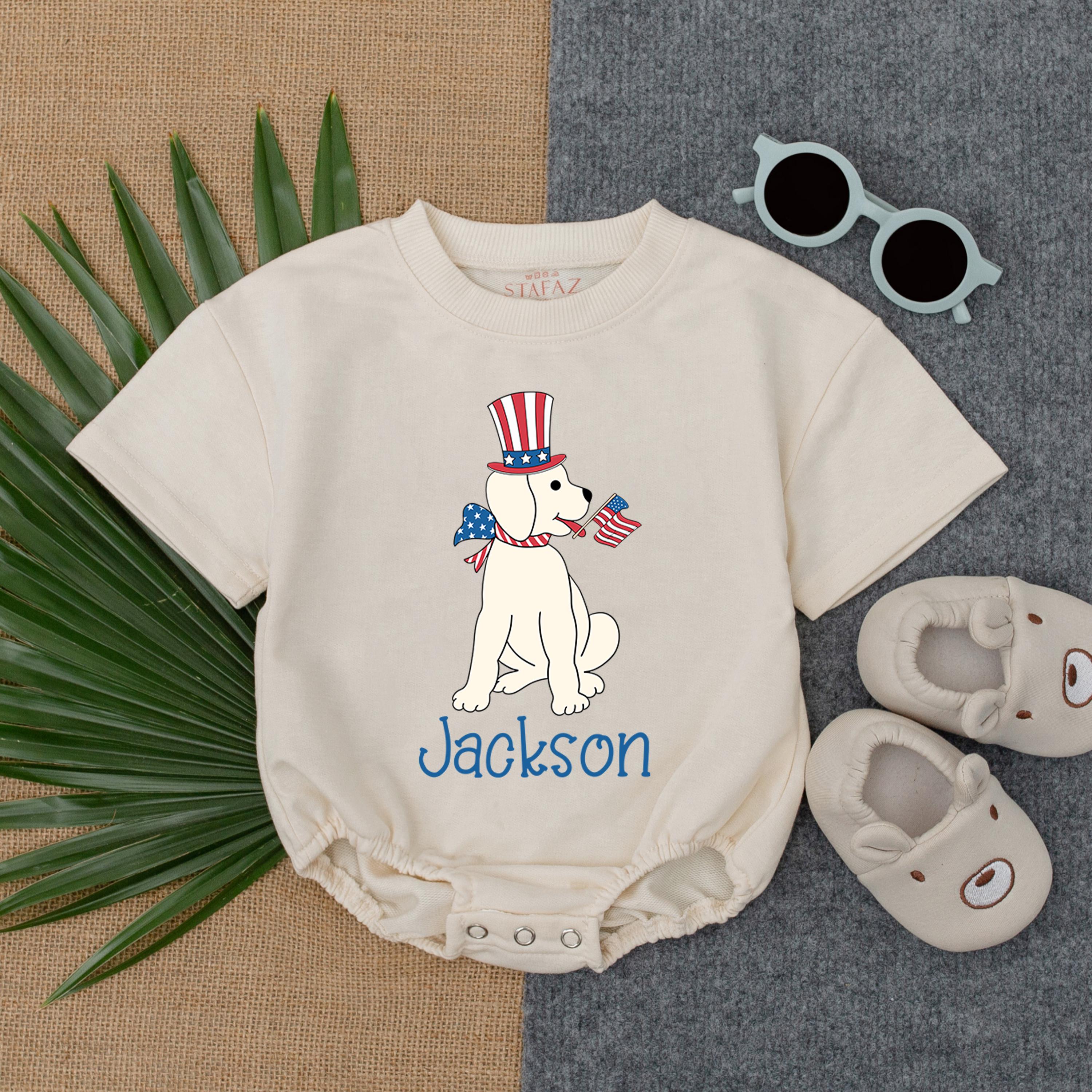 Personalized Puppy 4th of July Bubble Romper Baby Boy Patriotic Outfit Red White Blue Toddler Summer Gift Idea Custom Name