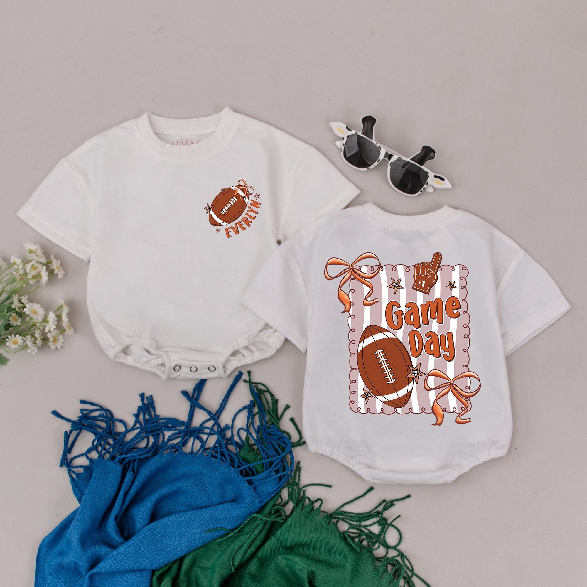 Personalized Retro Football Baby Romper Custom Game Day Bodysuit Sports Theme Infant Outfit for Baby Girl Baby Shower Gift