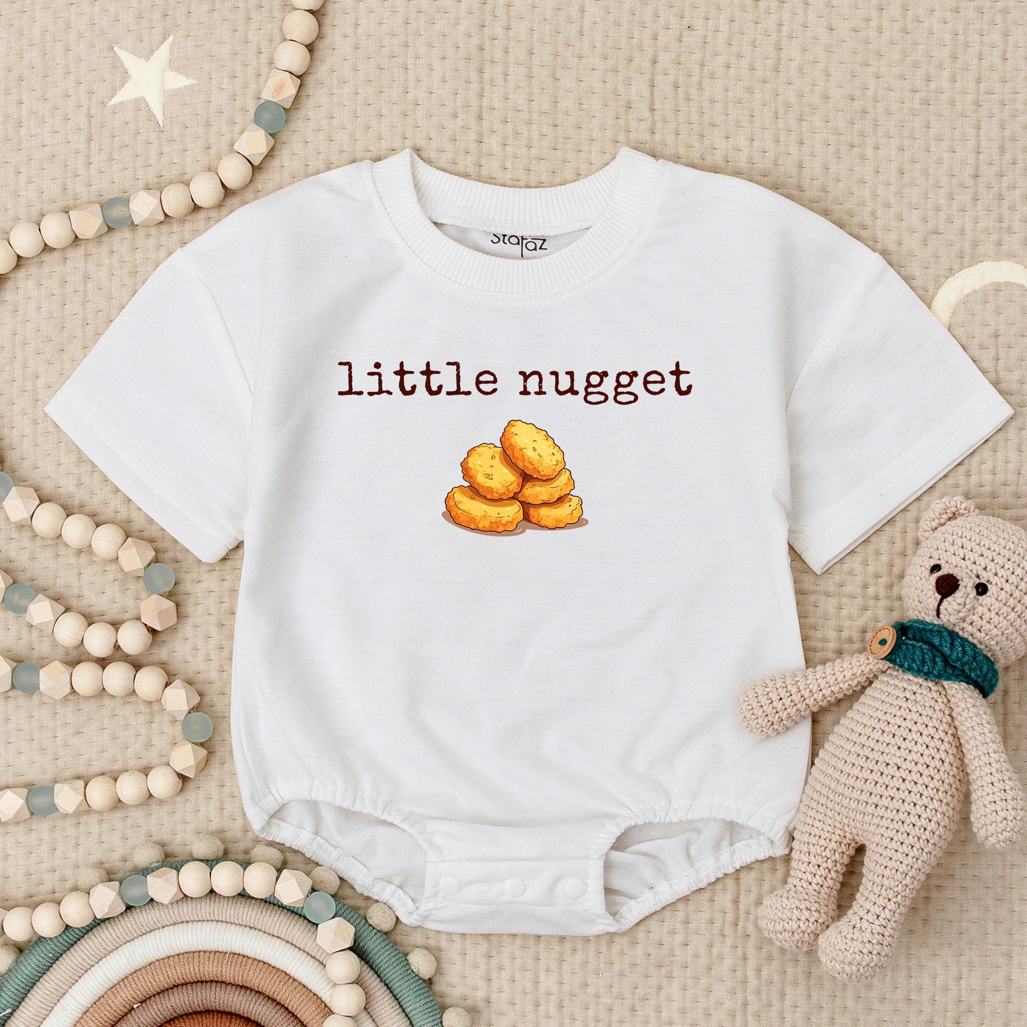 Retro Little Nugget Baby Romper with Cute Chicken Design Birthday Outfit Soft Cotton Minimalist Style Warm Earthy Tones Comfy Infant Wear