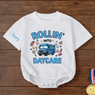 Rollin' Into Daycare Baby Romper with Blue School Bus Graphic and Personalized Name, Cute First Day of Daycare Outfit