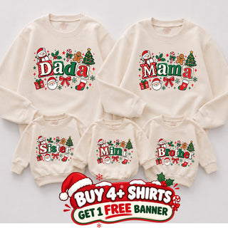 Santa & Gingerbread Christmas Family Sweatshirt Set with Custom Name, Winter Holiday Outfit for Siblings and Parents