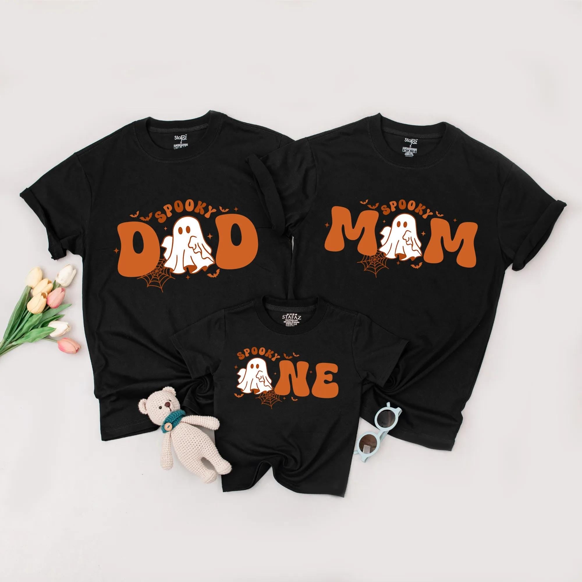 Spooky One Halloween Birthday Shirt Cute Ghost Design Family Matching Tee for Kids Mom Dad Festive Orange White Cotton Apparel