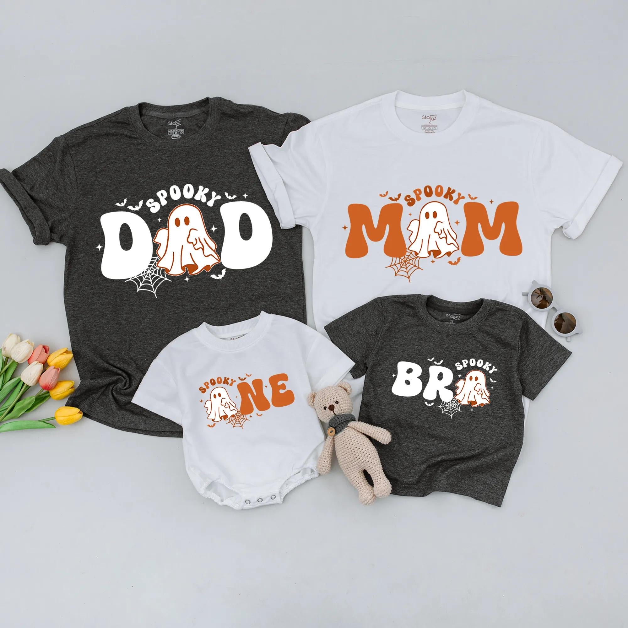 Spooky One Halloween Birthday Shirt Cute Ghost Design Family Matching Tee for Kids Mom Dad Festive Orange White Cotton Apparel