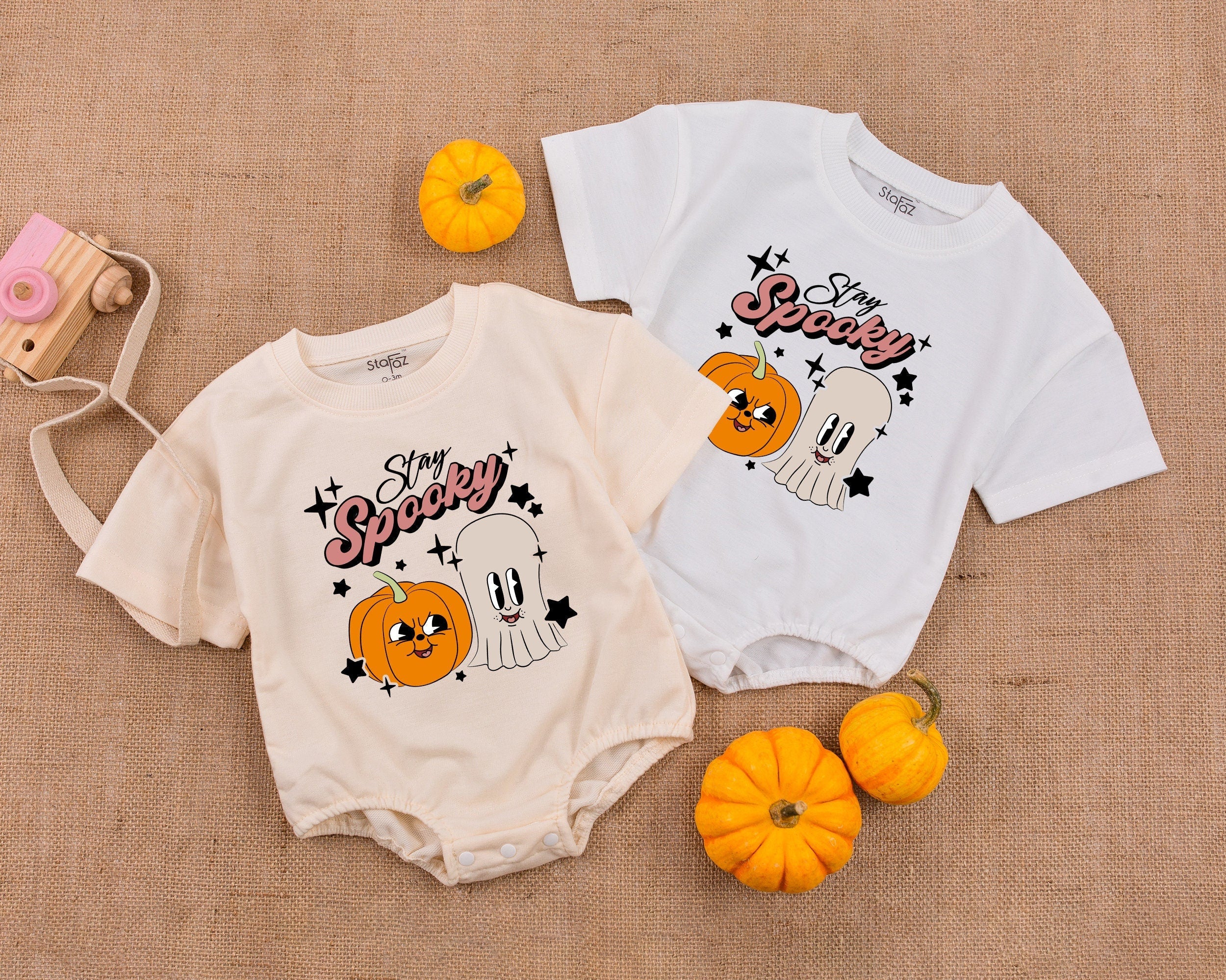 Spooky Retro Halloween Baby Romper with Cute Ghost Pumpkin Design Soft Cotton Infant Bodysuit Holiday Party Outfit Stay Spooky Theme