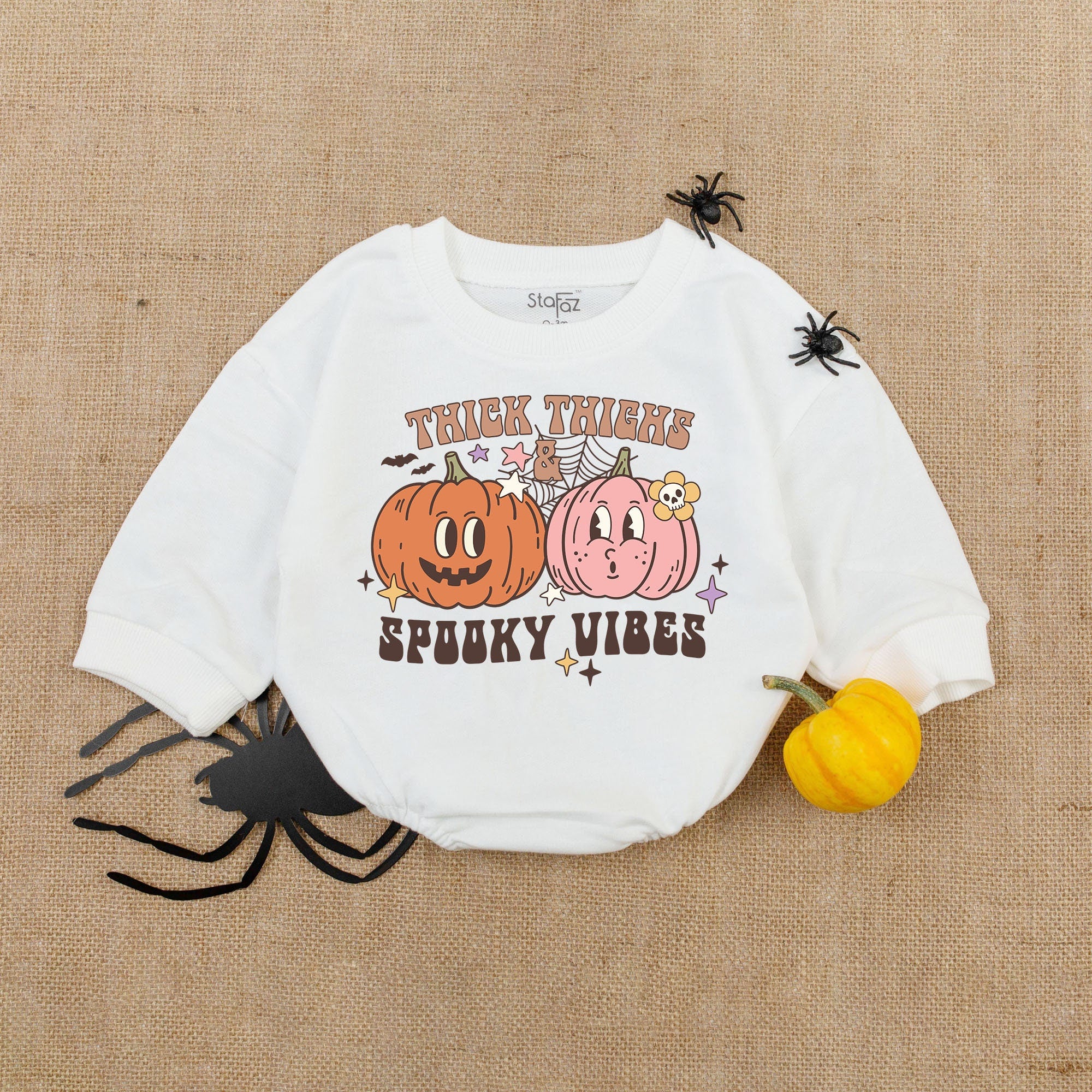 Spooky Vibes Baby Romper with Cartoon Pumpkins Halloween Outfit for Newborns Soft Comfortable Retro Style First Holiday Shirt