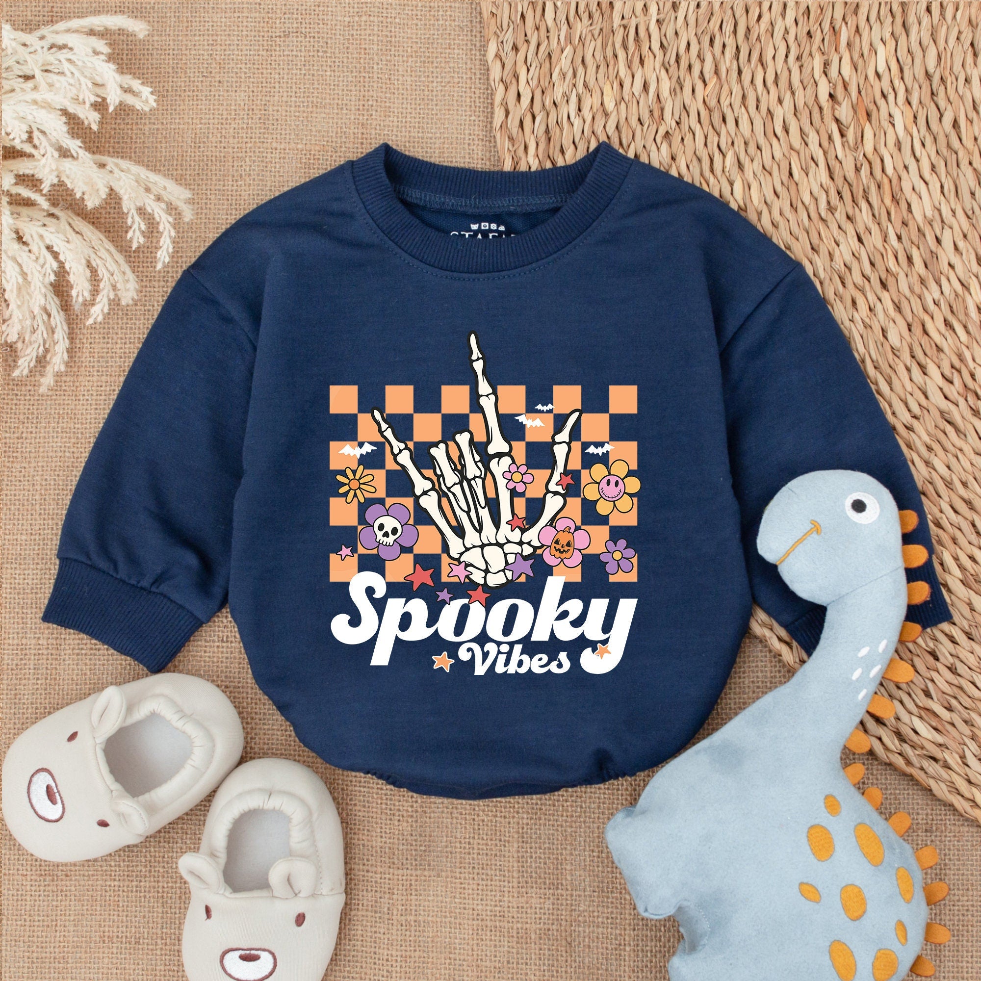 Spooky Vibes Halloween Baby Romper with Skeleton Peace Sign and Flowers Fun Holiday Outfit for Boy or Girl Comfortable Cotton Wear