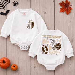 'Tis the Season Baby Football Romper with Gold and Brown Graphics, Custom Name, Newborn Fall Outfit for Baby Boy or Girl