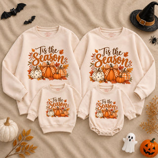 'Tis the Season Pumpkin Sweatshirt with Autumn Leaves and Rustic Font, Matching Thanksgiving Family Outfits, Retro Halloween Aesthetic