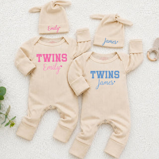 TWINS Baby Bodysuit Set with Custom Names and Matching Bunny Ear Hats, Neutral Beige Twin Outfit for Boys and Girls