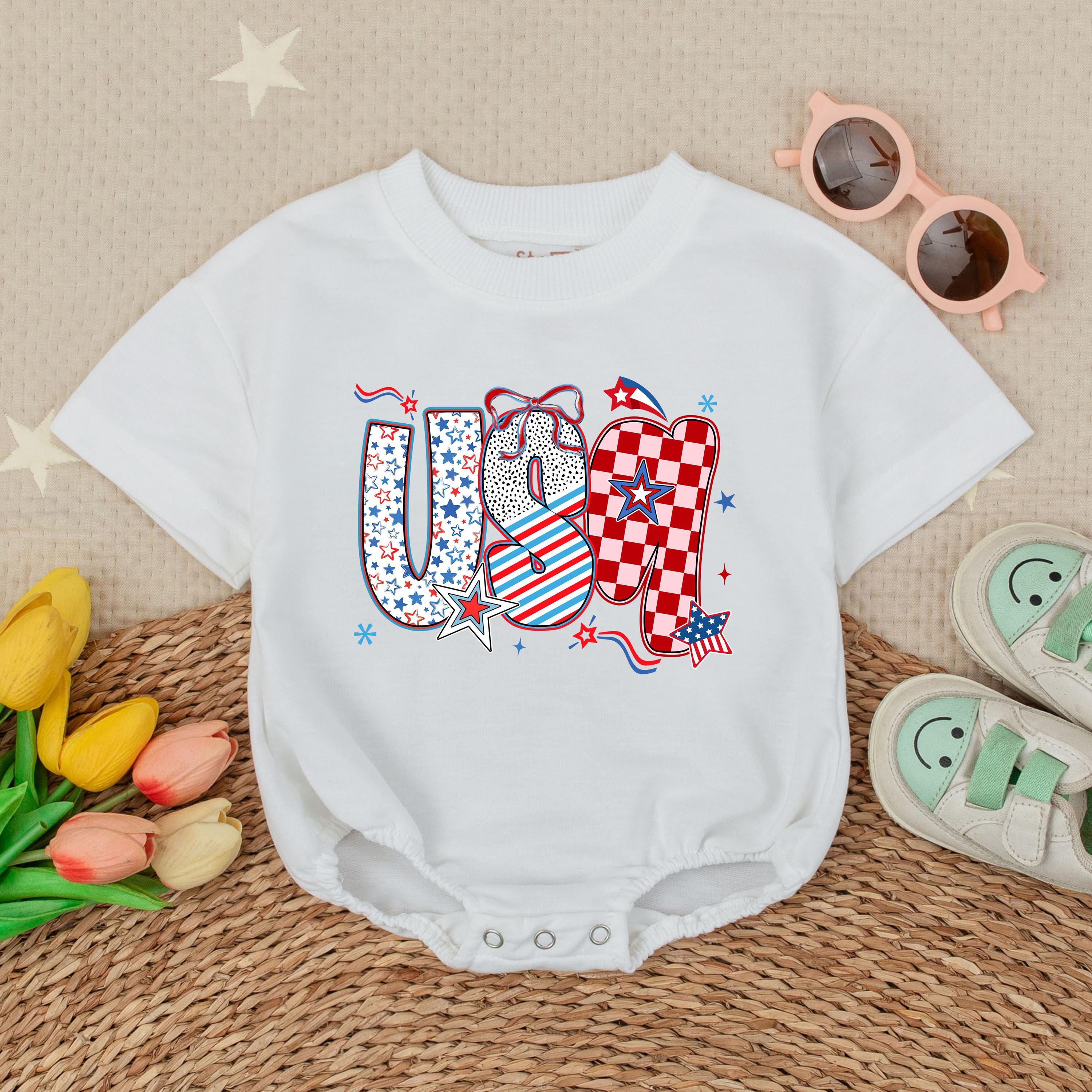 USA Patriotic Checkered Baby Romper with Bow 4th of July Outfit for Girls Summer Infant Bodysuit American Holiday Gift