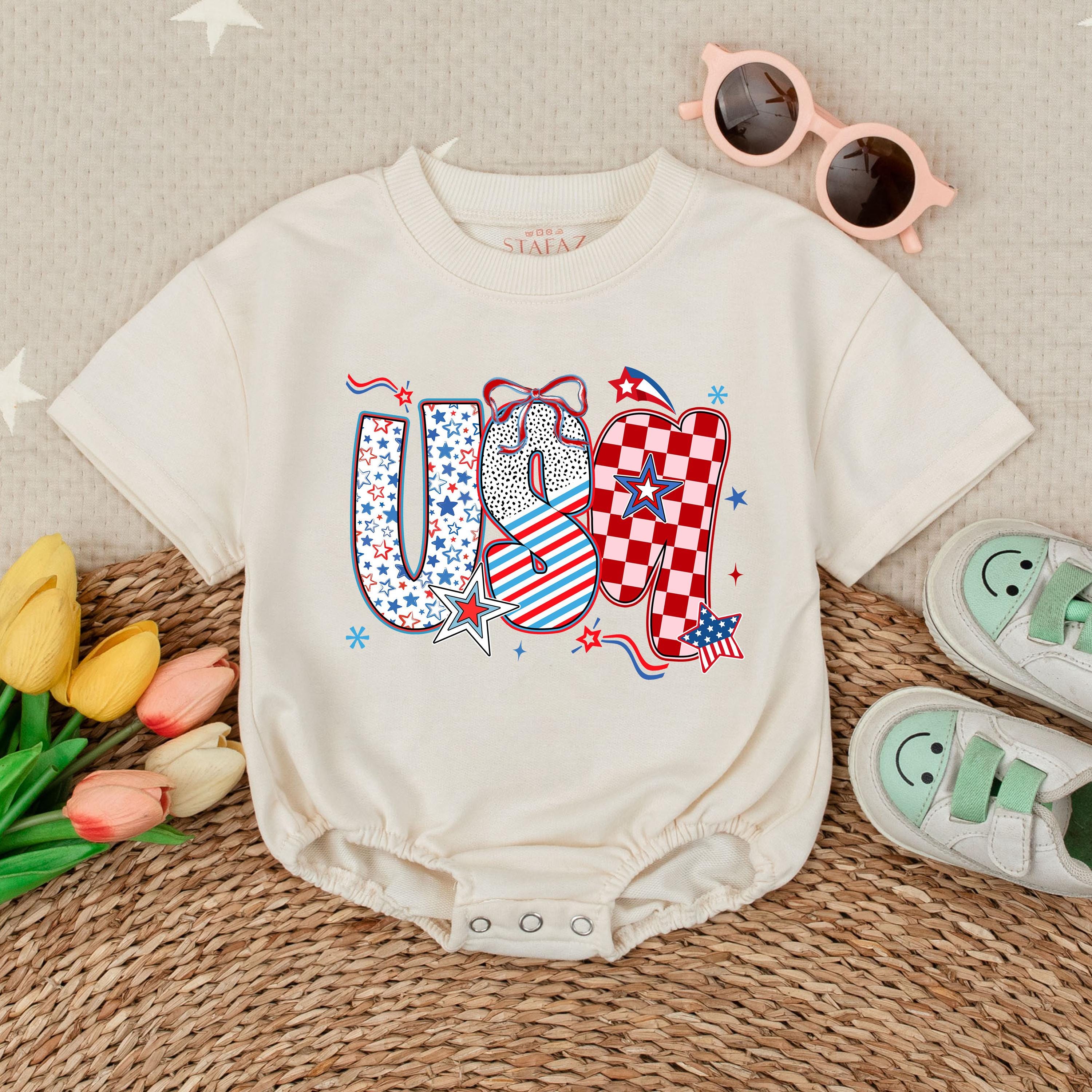 USA Patriotic Checkered Baby Romper with Bow 4th of July Outfit for Girls Summer Infant Bodysuit American Holiday Gift