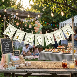 Welcome Baby Shower Banner with Sage Green Stripes Golf Theme Decor Personalized Garland for Wall Vintage Botanical Party Decoration