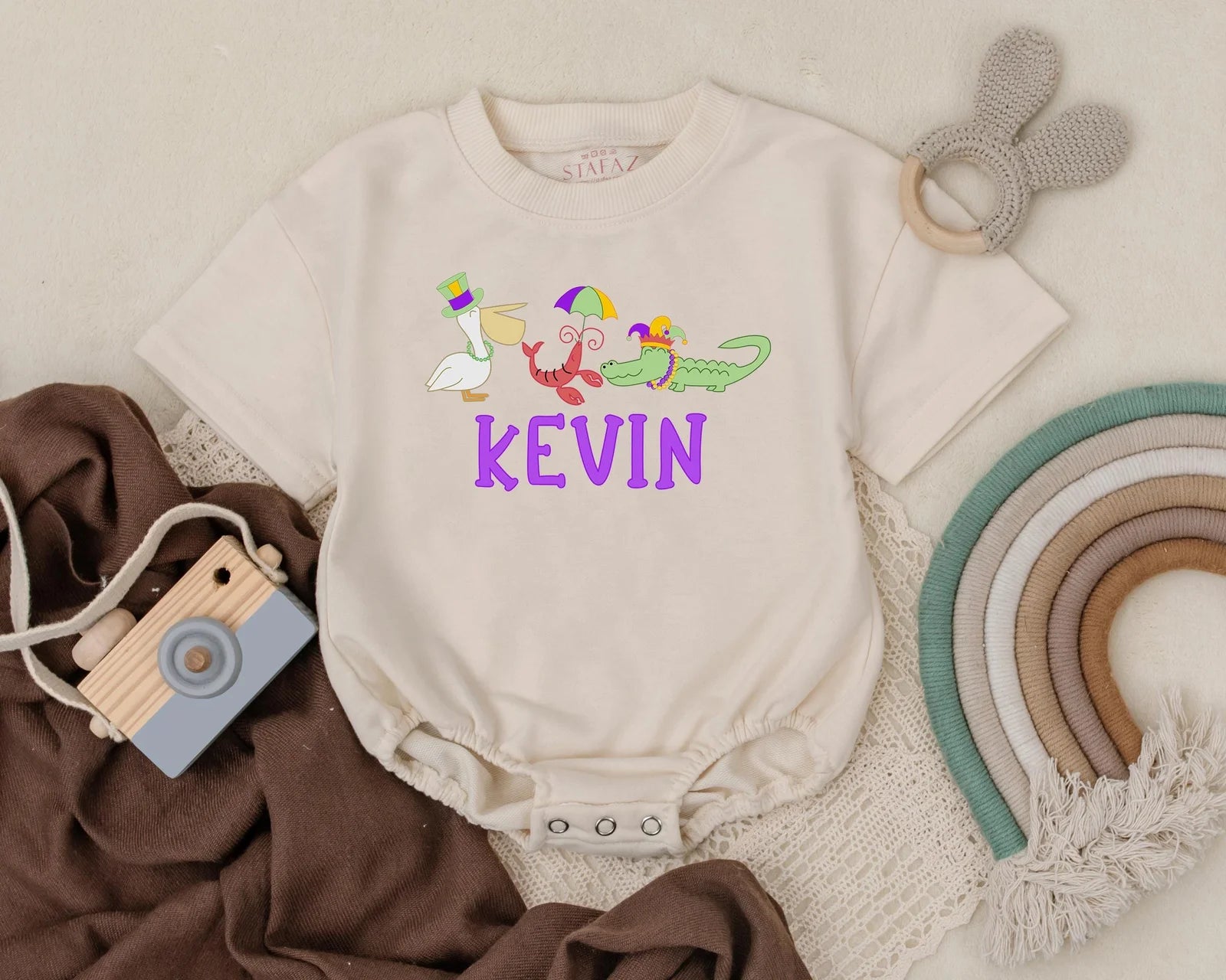 Personalized Mardi Gras Baby Romper with Duck Crab Alligator Design Vibrant Unisex Newborn Outfit Perfect Baby Shower Gift