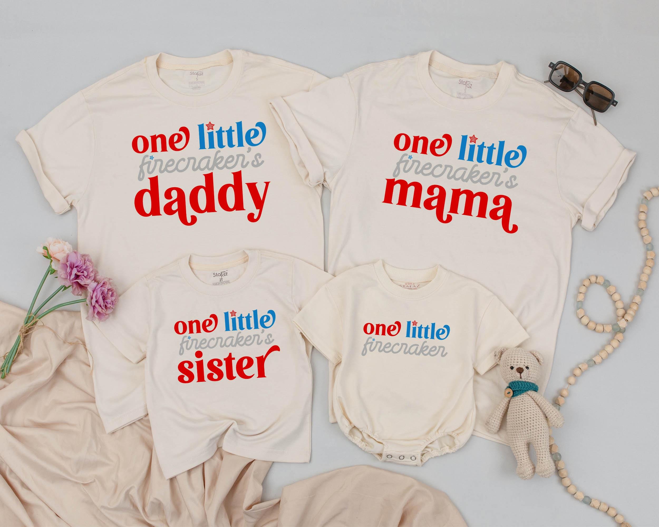 4th of July First Birthday Matching Shirts for Baby and Family, One Little Firecracker Outfit, Patriotic Dad and Toddler Tees Gift