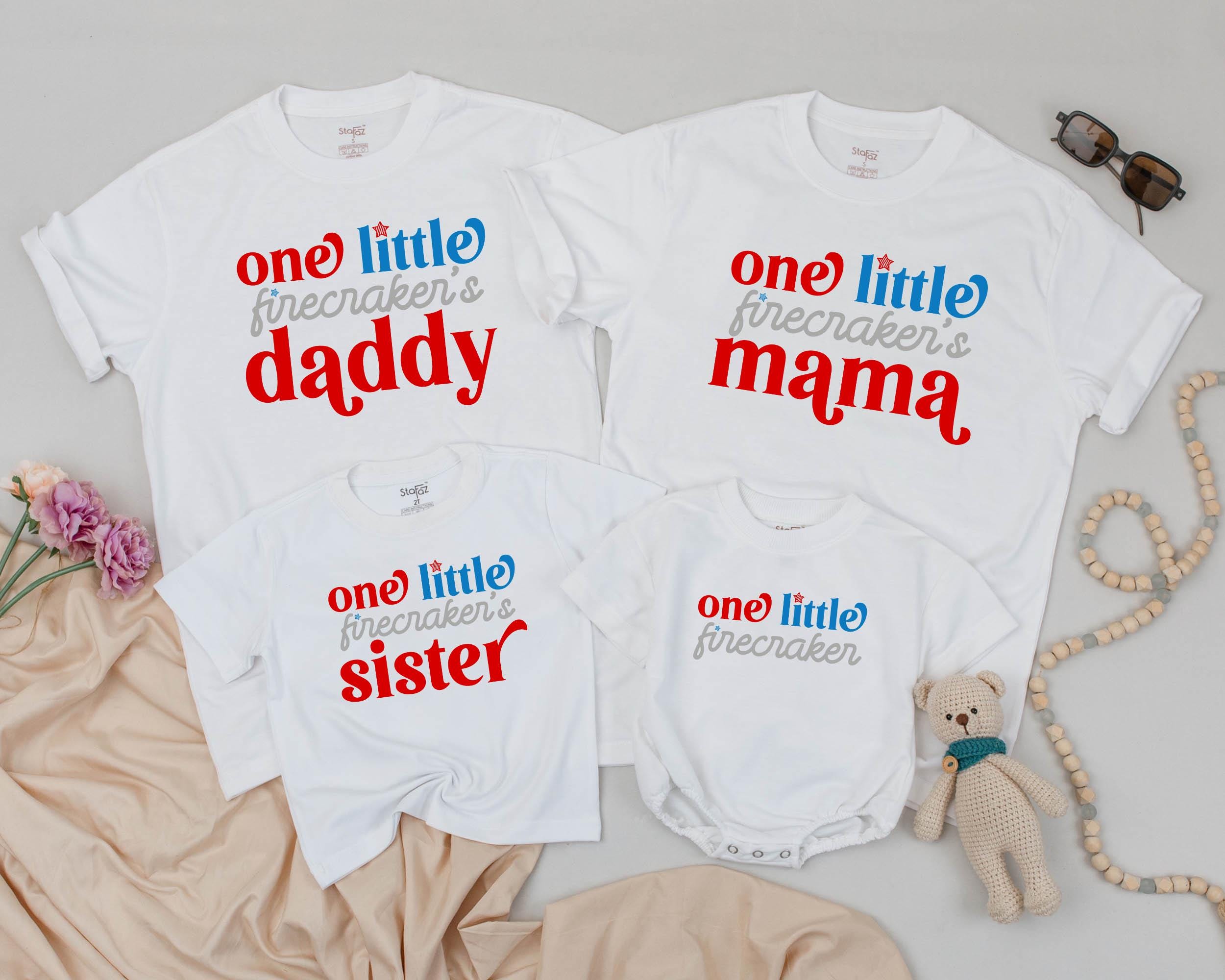 4th of July First Birthday Matching Shirts for Baby and Family, One Little Firecracker Outfit, Patriotic Dad and Toddler Tees Gift