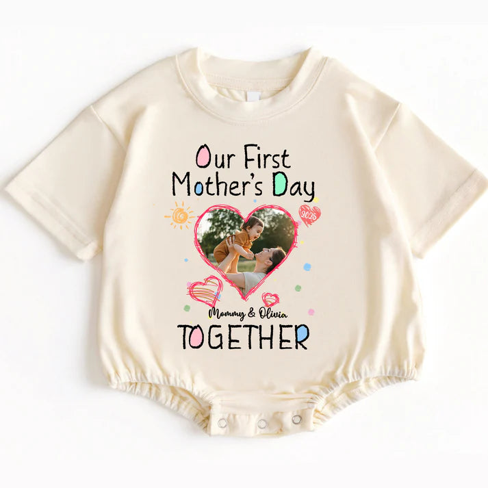 Personalized Our First Mother's Day Romper Baby Girl Bodysuit Heart Photo Design with Mommy & Baby Names Pastel Sun Comfortable Gift