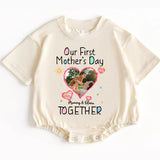 Personalized Our First Mother's Day Romper Baby Girl Bodysuit Heart Photo Design with Mommy & Baby Names Pastel Sun Comfortable Gift