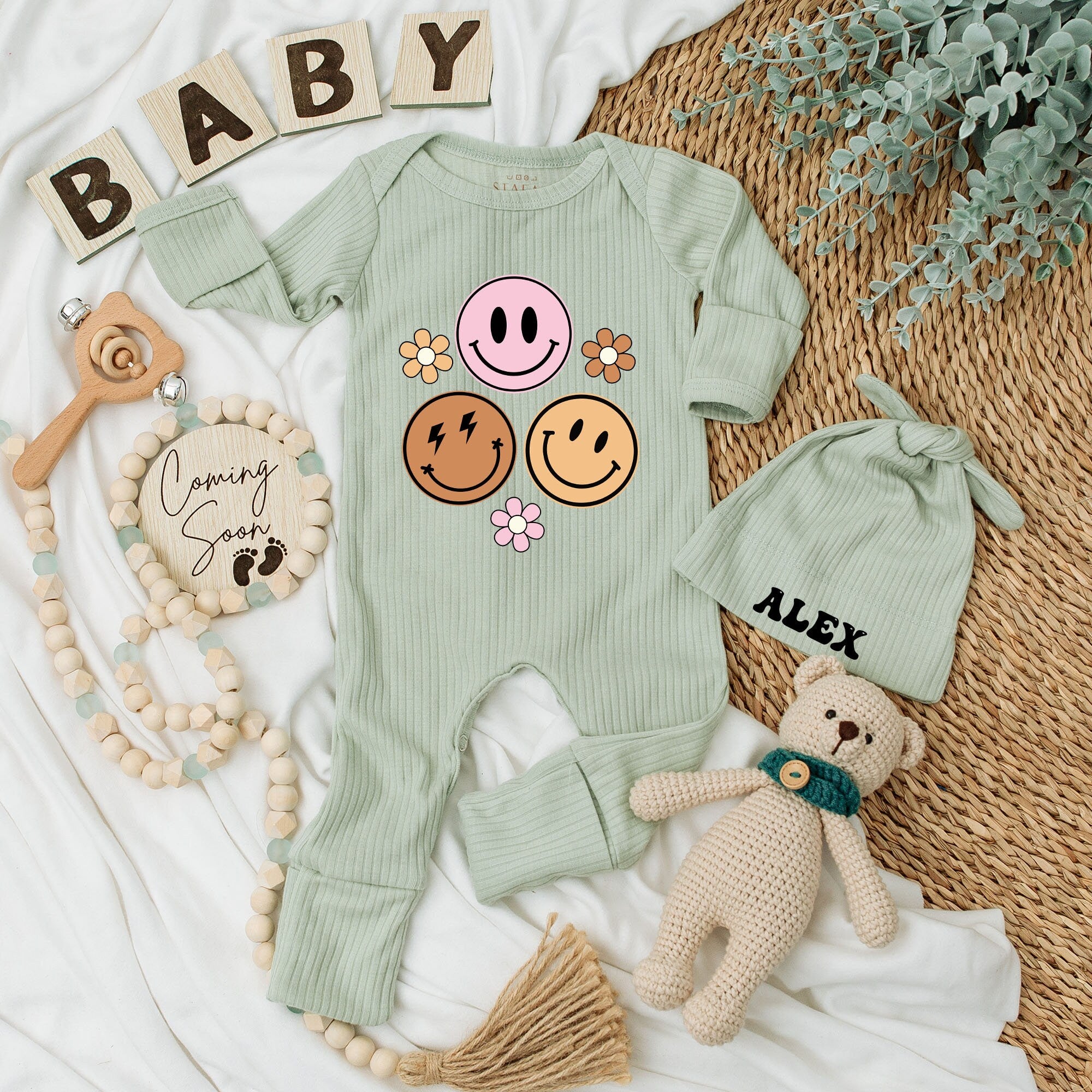Adorable Baby Bodysuit and Hat Set with Groovy Smiley Faces for Girls Perfect Birthday or Baby Shower Gift Retro Style Cotton Outfit