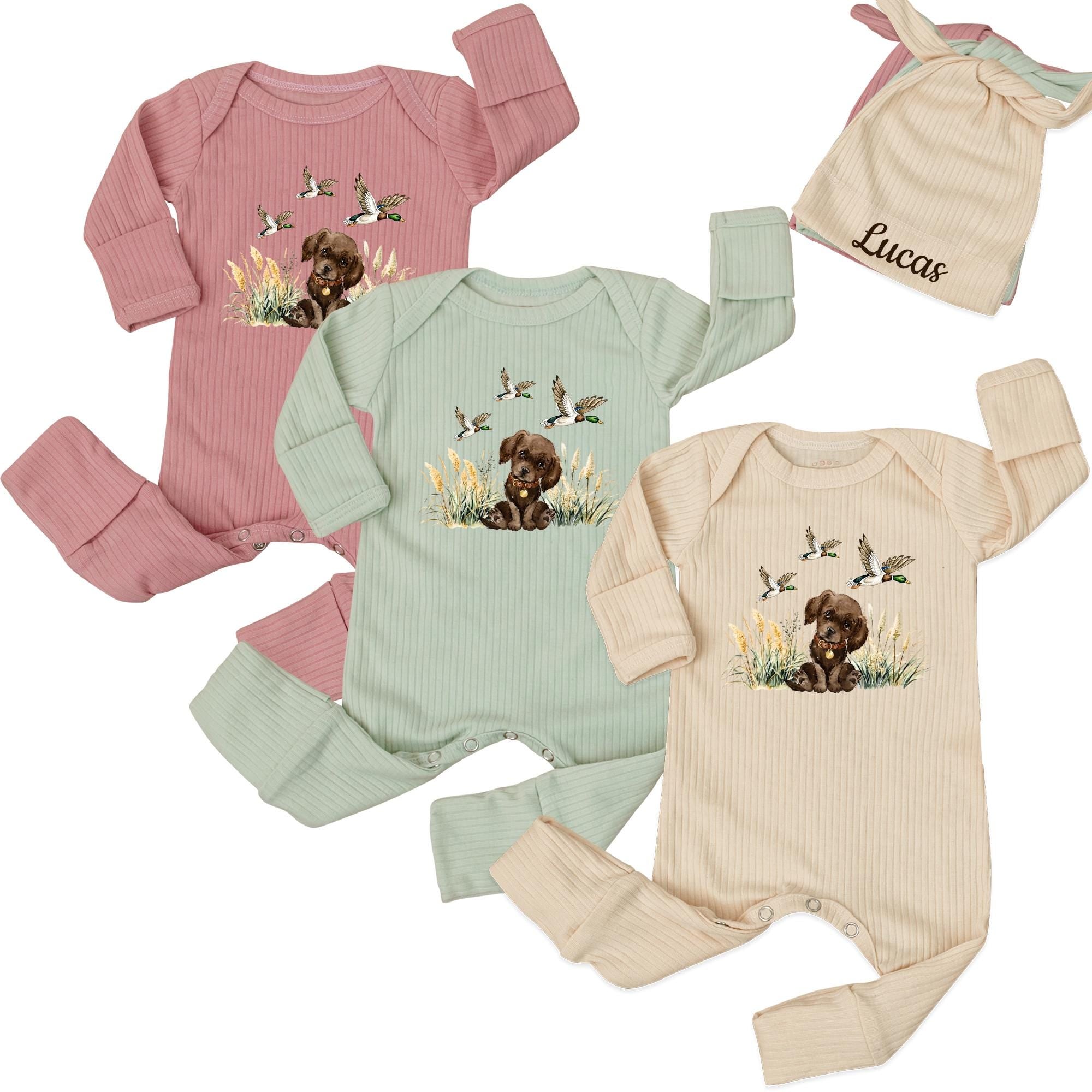 Adorable Bird Dog Baby Bodysuit and Custom Name Hat Set, Duck Hunting Newborn Coming Home Outfit in Soft Ribbed Cotton