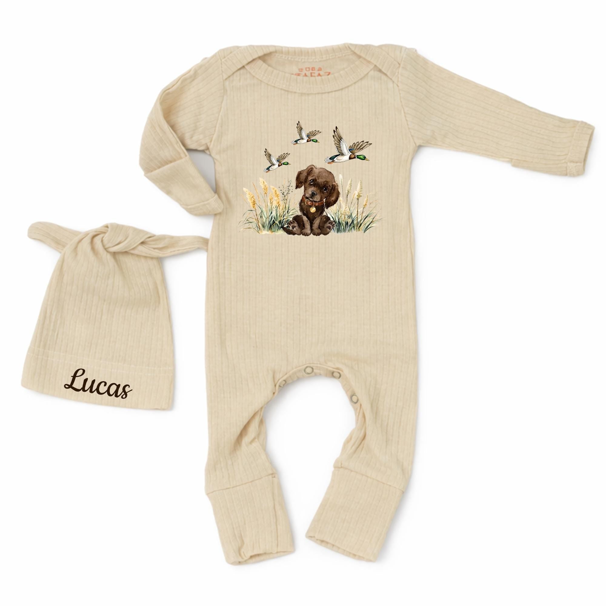 Adorable Bird Dog Baby Bodysuit and Custom Name Hat Set, Duck Hunting Newborn Coming Home Outfit in Soft Ribbed Cotton