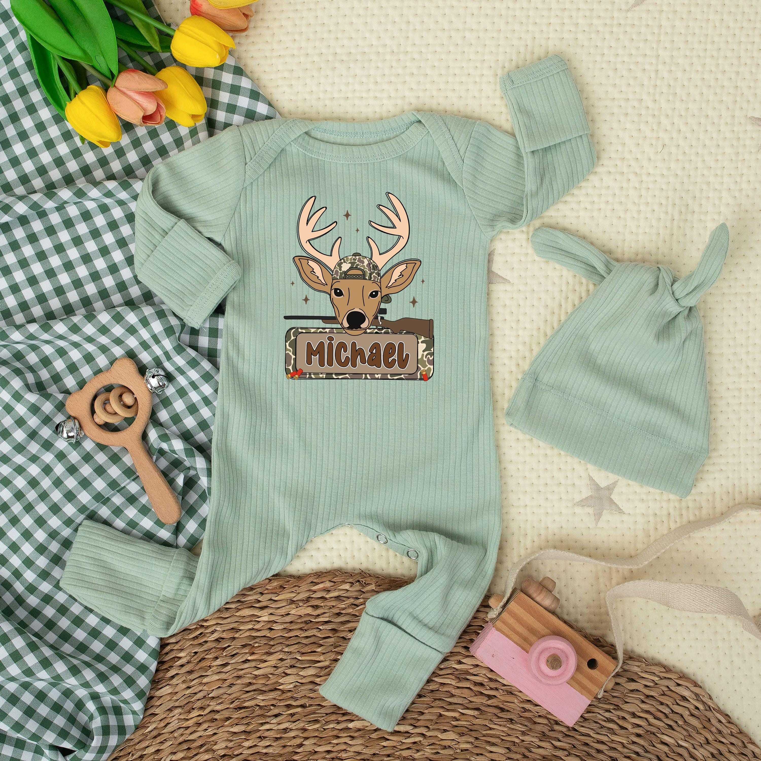 Adorable Deer Graphic Baby Bodysuit with Custom Name Hat, Newborn Coming Home Outfit for Hunting Families