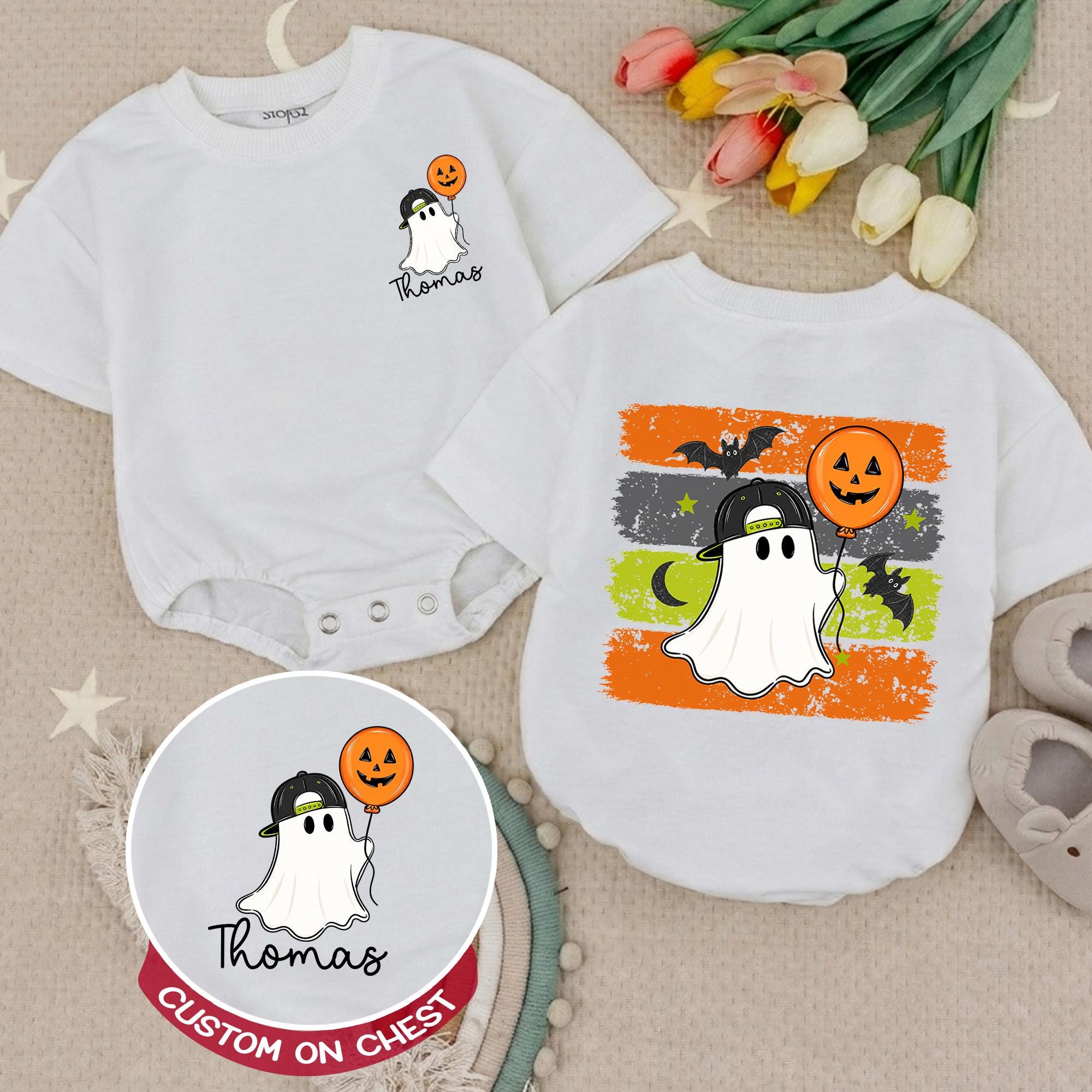 Adorable Ghost Baby Romper with Halloween Balloon and Custom Name, Infant Fall Outfit for Pumpkin Patch or Spooky Celebrations