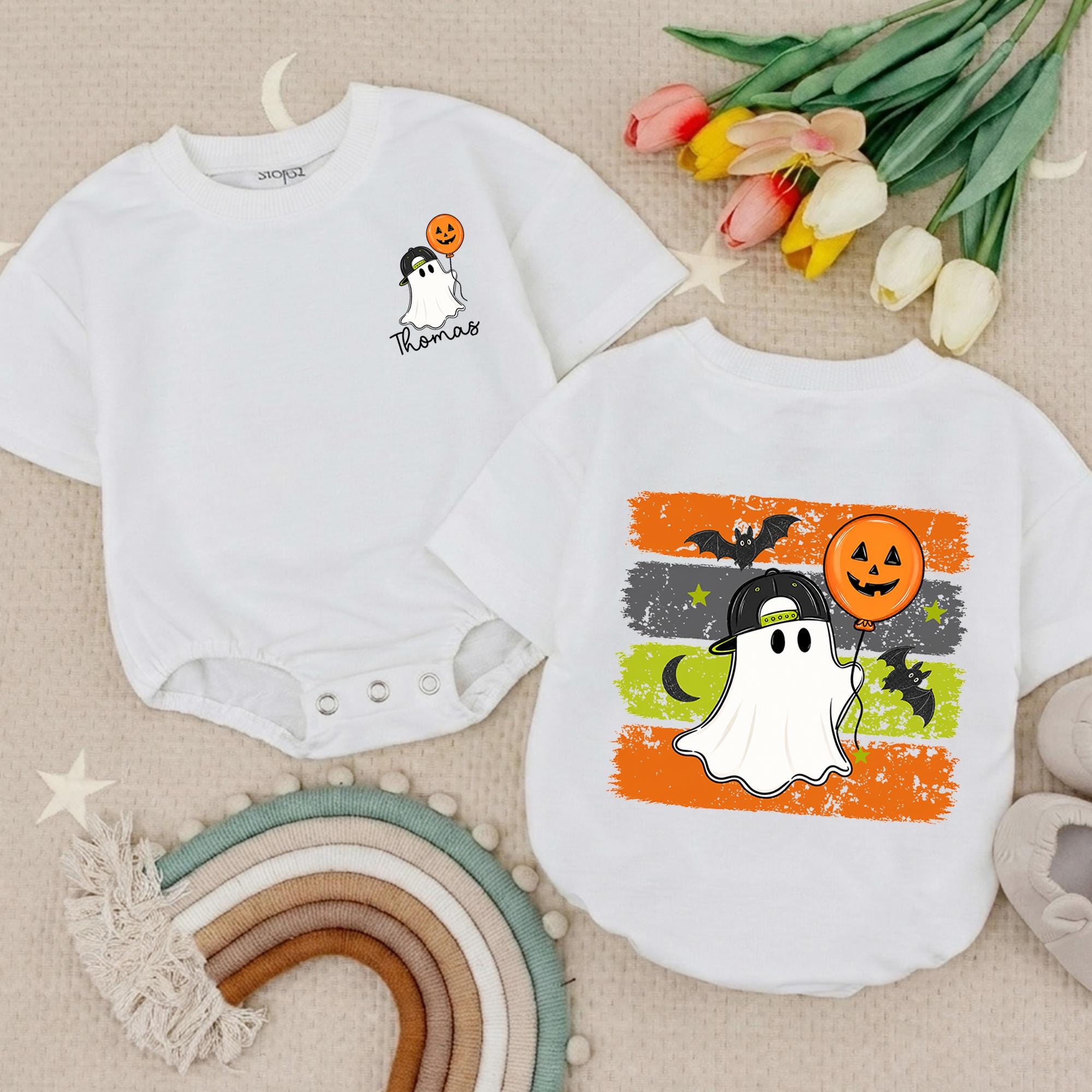 Adorable Ghost Baby Romper with Halloween Balloon and Custom Name, Infant Fall Outfit for Pumpkin Patch or Spooky Celebrations