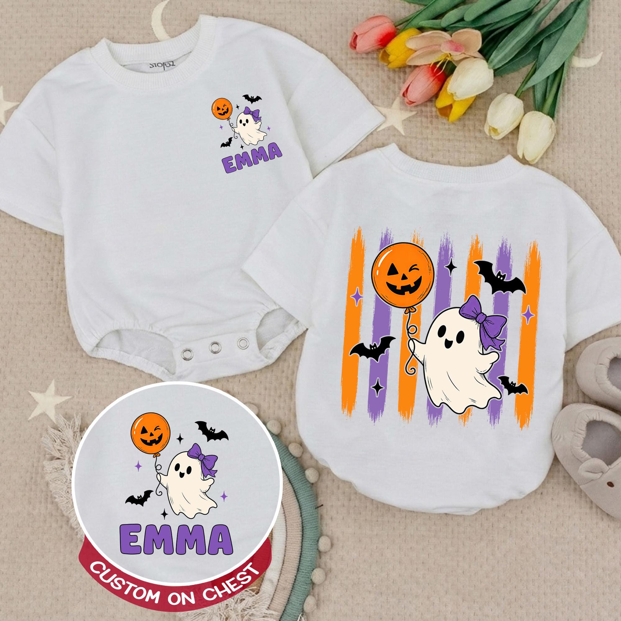 Adorable Ghost Balloon Baby Romper with Custom Name, Halloween Outfit for Infants, Cute Bat & Pumpkin Design, Fall Baby Shower Gift