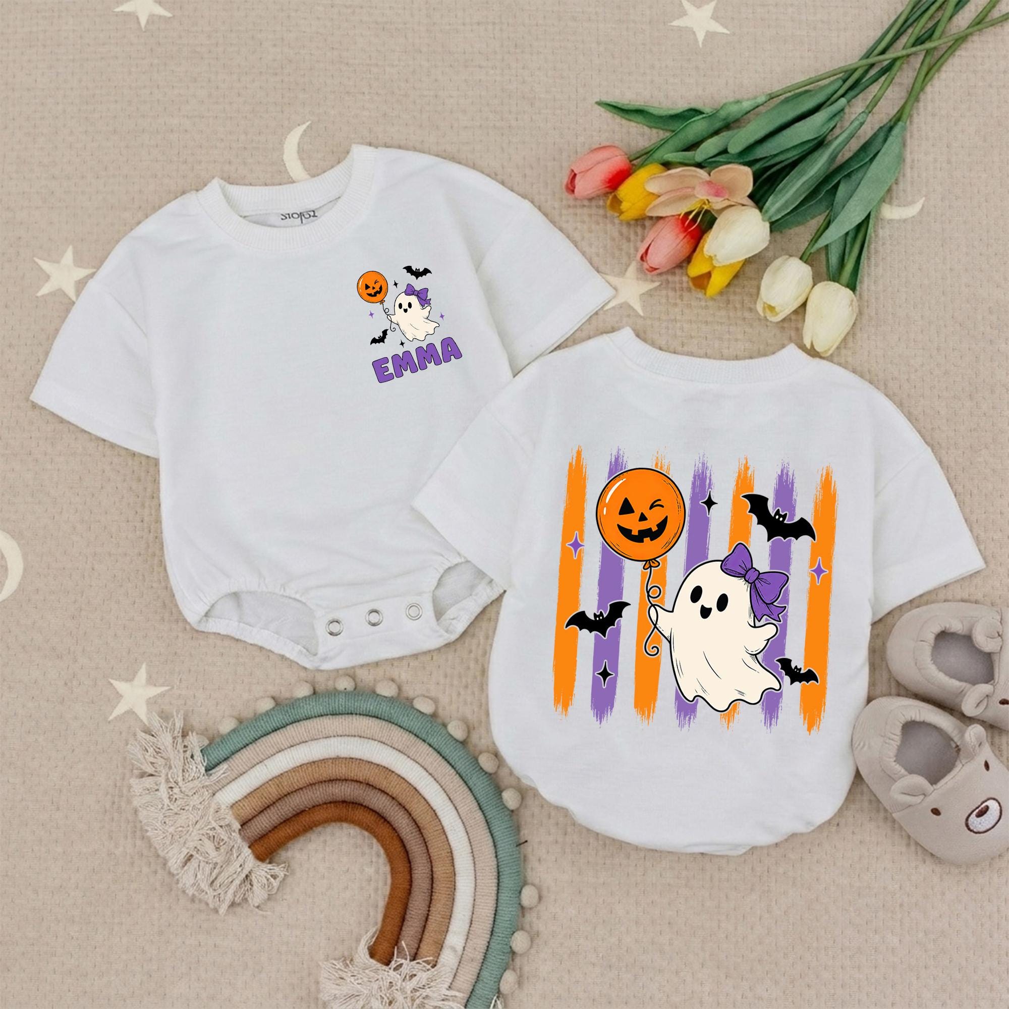 Adorable Ghost Balloon Baby Romper with Custom Name, Halloween Outfit for Infants, Cute Bat & Pumpkin Design, Fall Baby Shower Gift