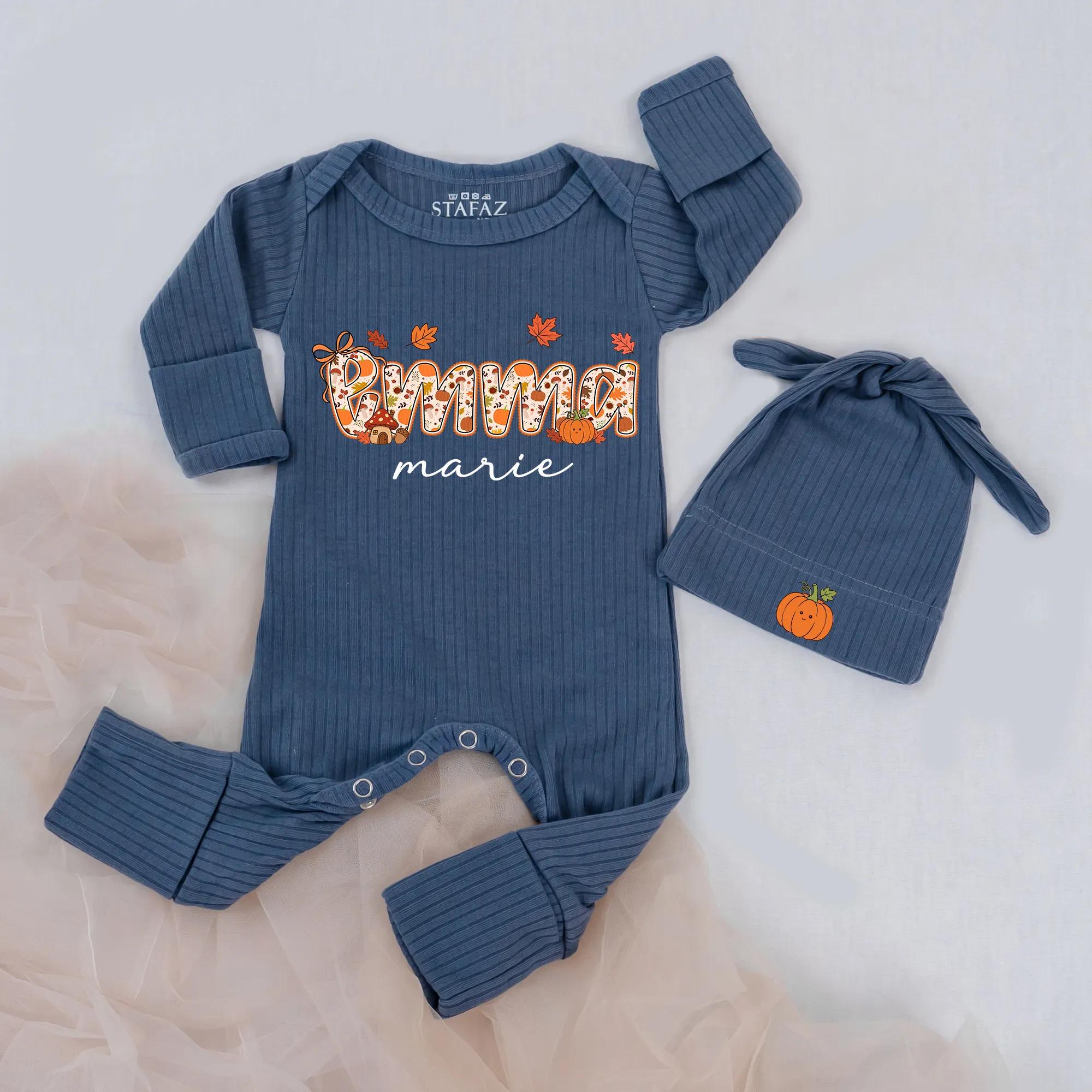 Adorable Pumpkin Name Baby Bodysuit and Hat Set, Autumn Leaves Graphic Newborn Coming Home Outfit, Custom Fall Baby Gift